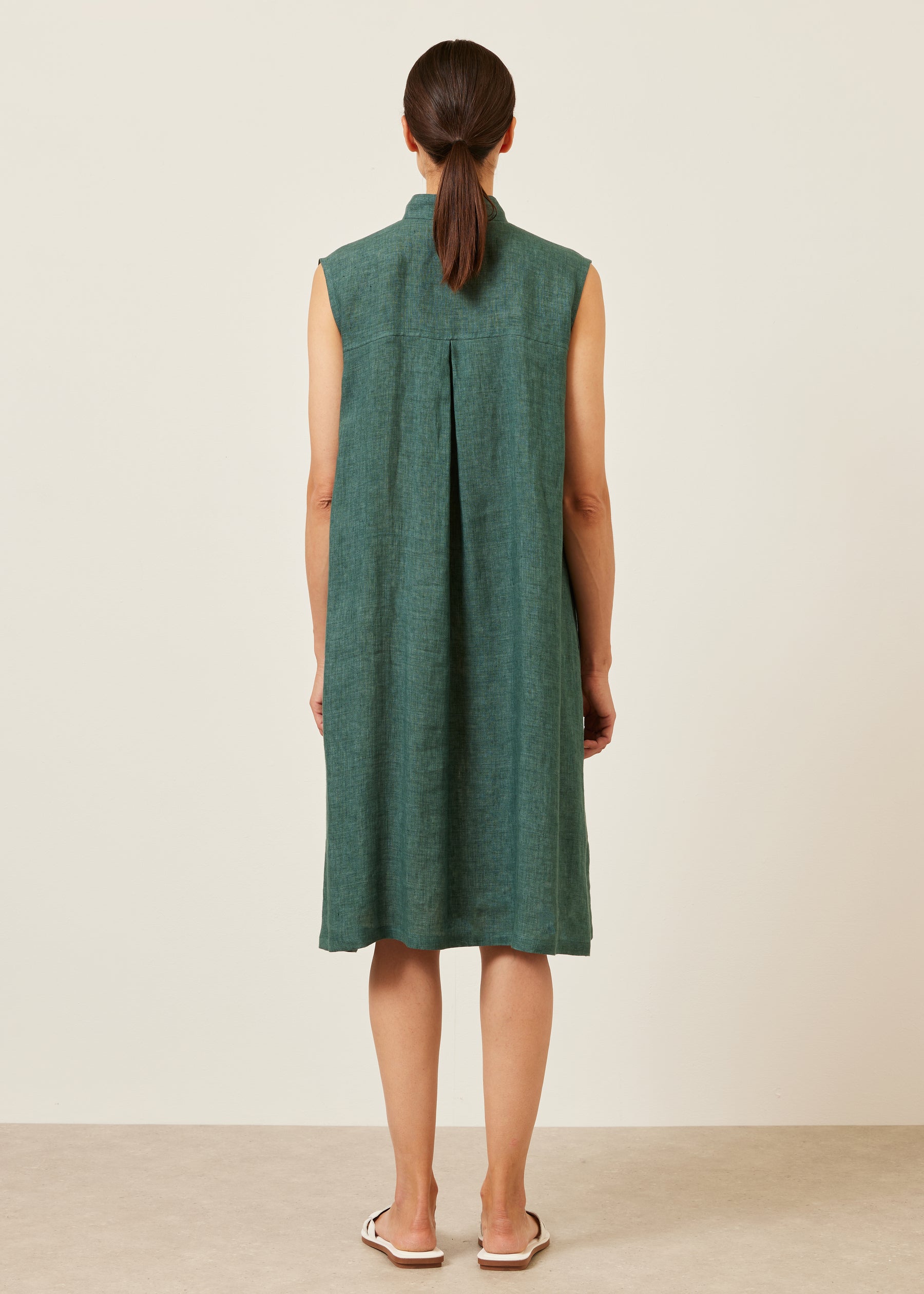 linen a-line collarless sleeveless shirt dress