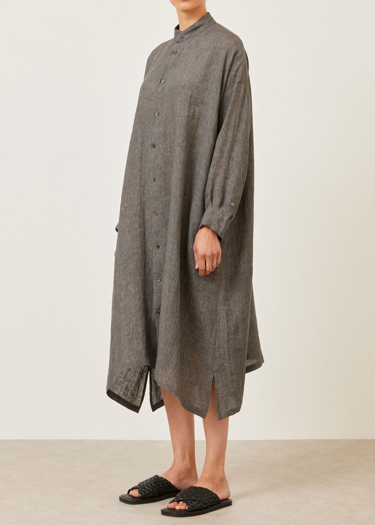 linen wide a-line collarless shirt dress