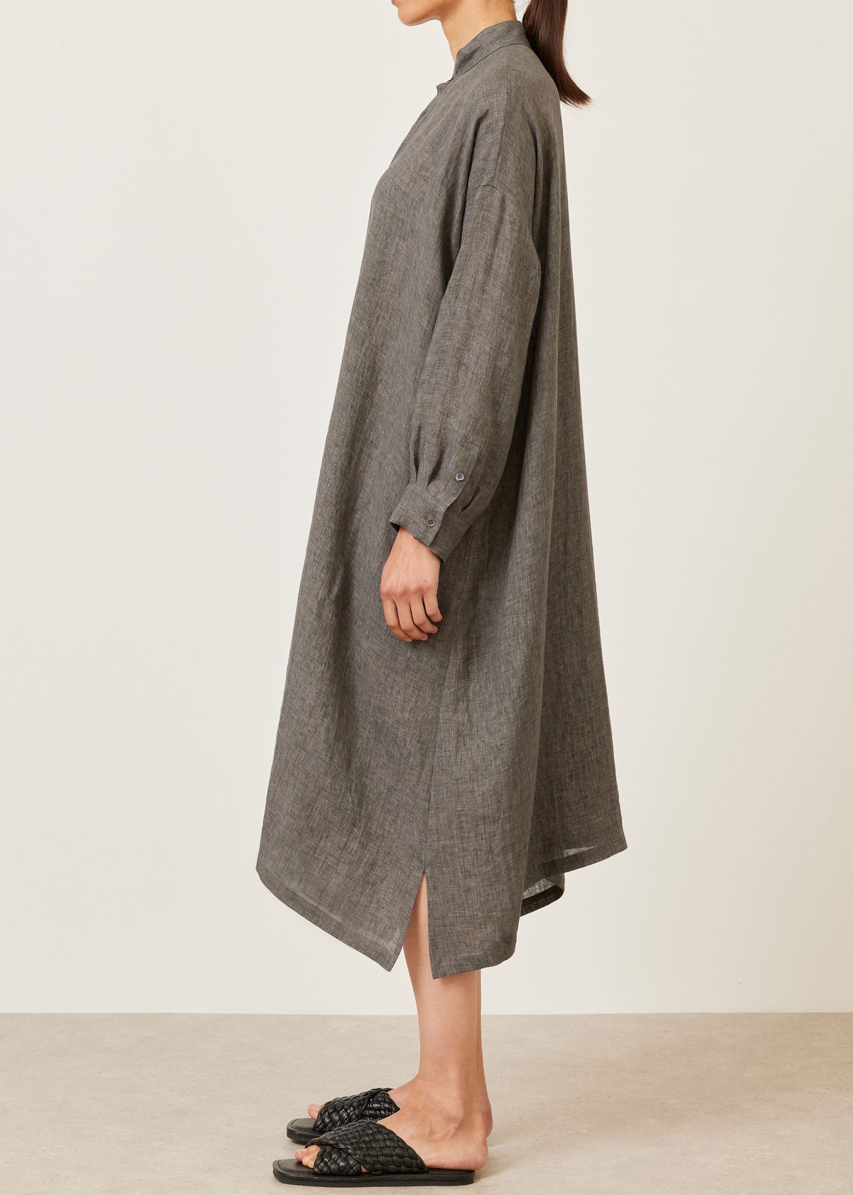 linen wide a-line collarless shirt dress
