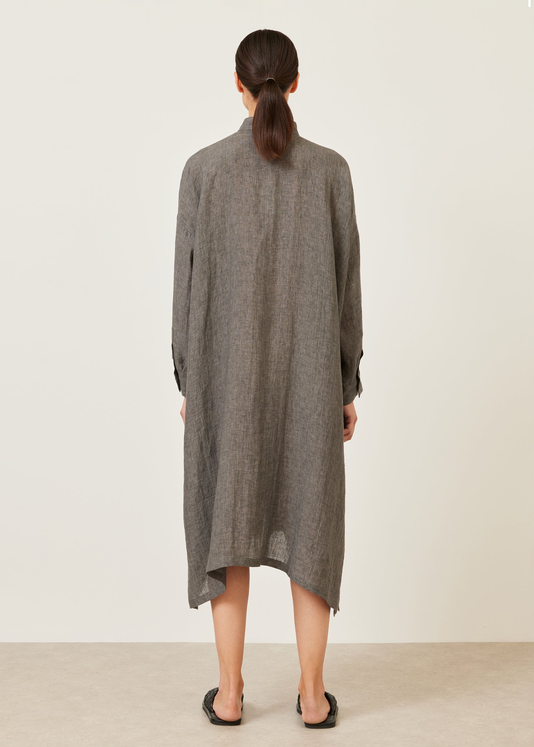 linen wide a-line collarless shirt dress