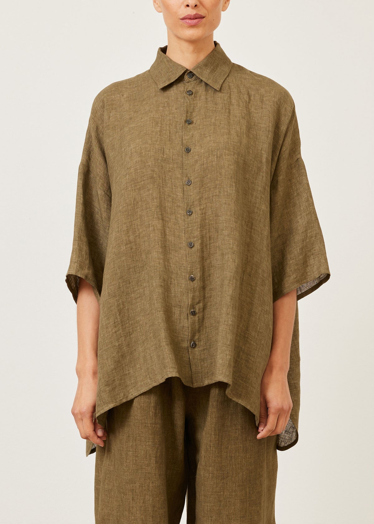 linen sloped shoulder wide a-line short sleeve shirt with collar - long