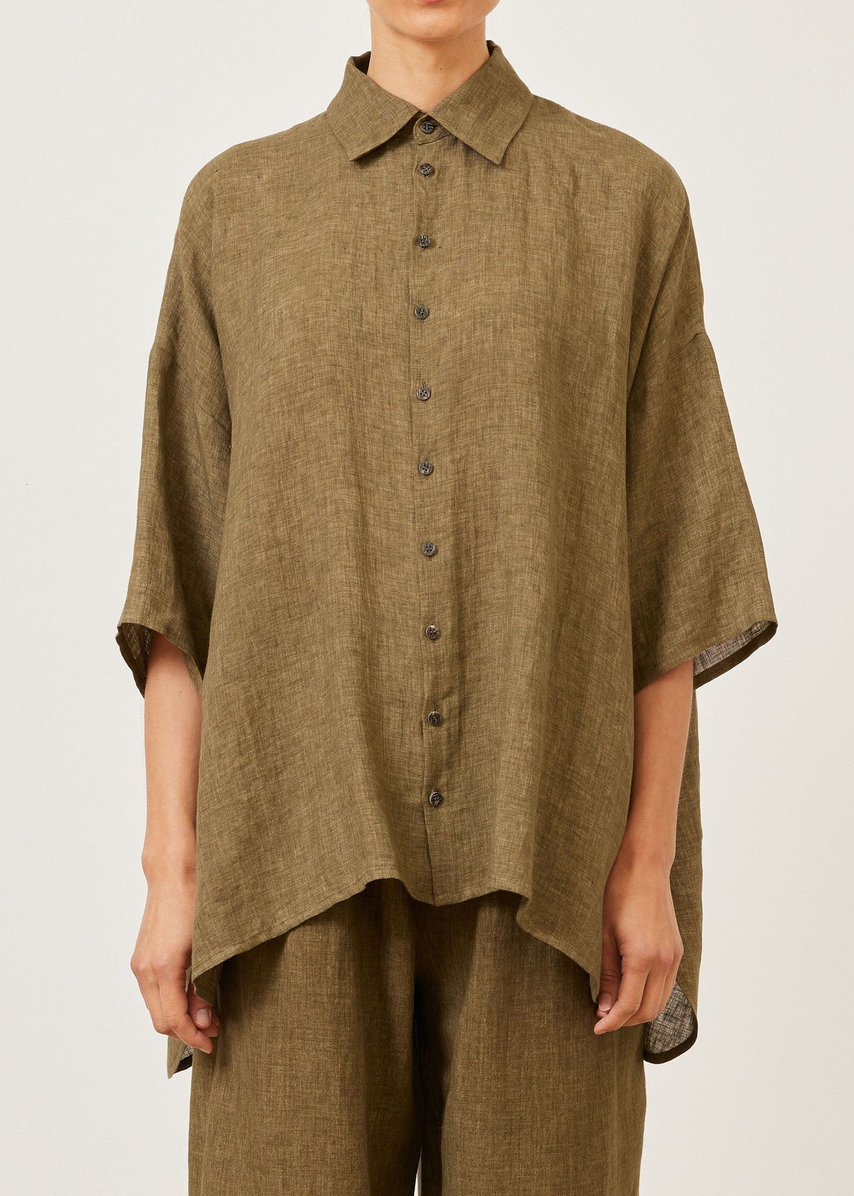 linen sloped shoulder wide a-line short sleeve shirt with collar - long