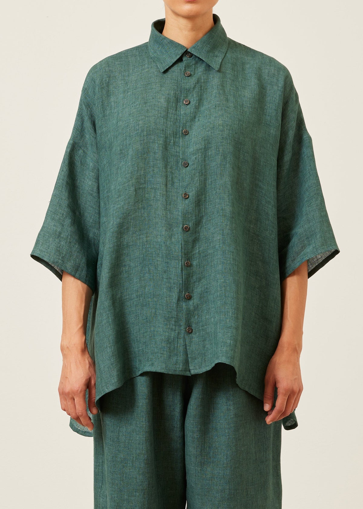 linen sloped shoulder wide a-line short sleeve shirt with collar - long (tealgreen)