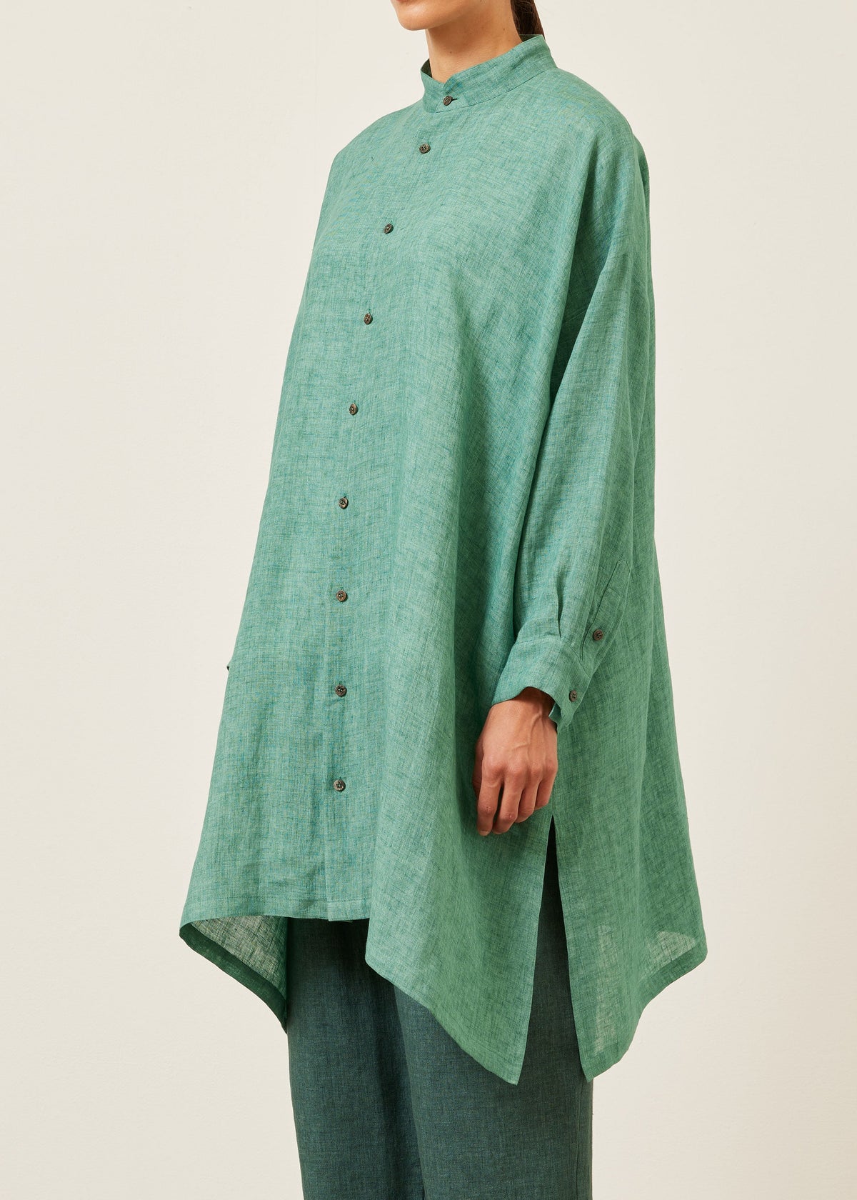 handkerchief linen wide a-line collarless shirt - very long with slits