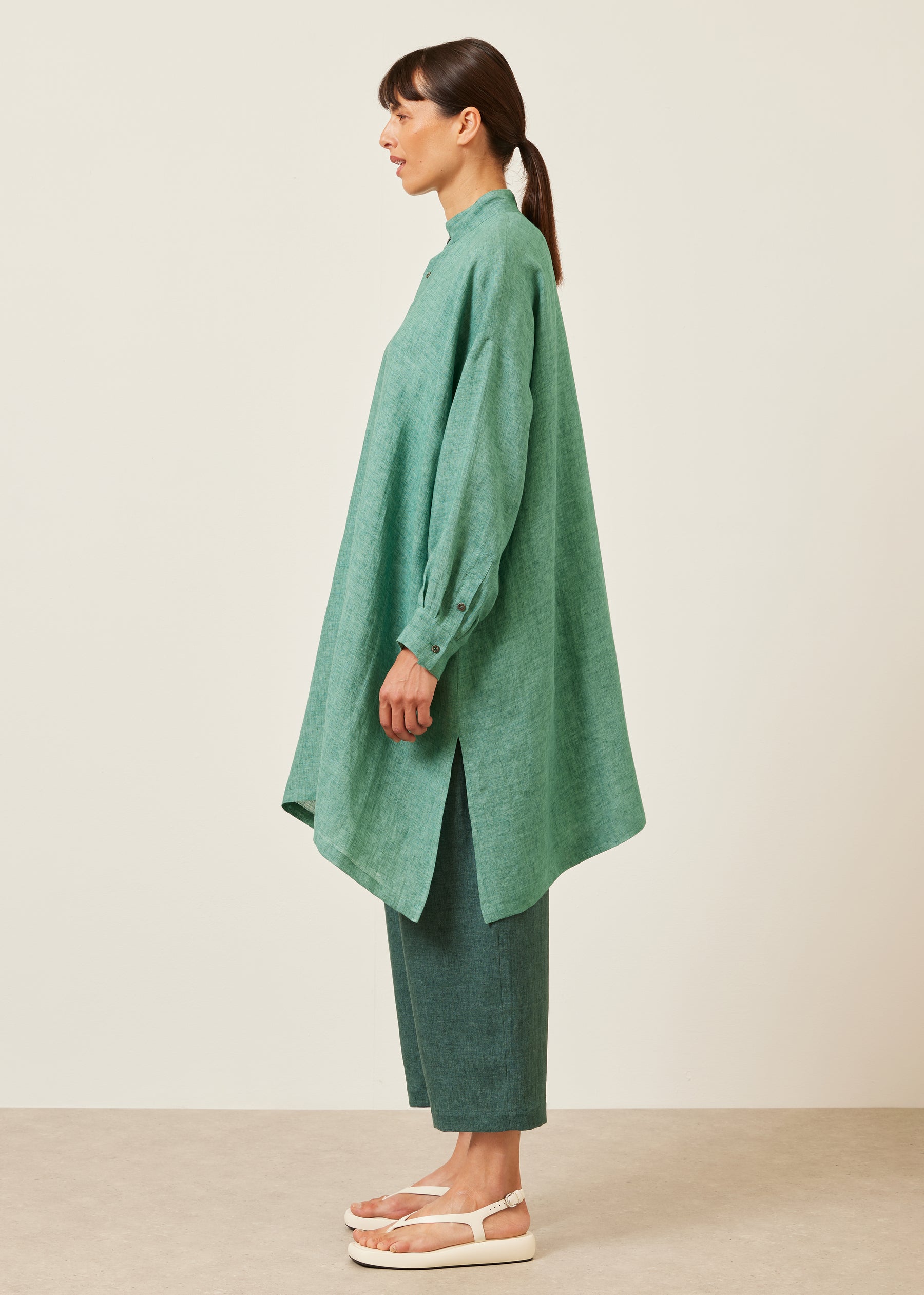 linen wide a-line collarless shirt - very long with slits
