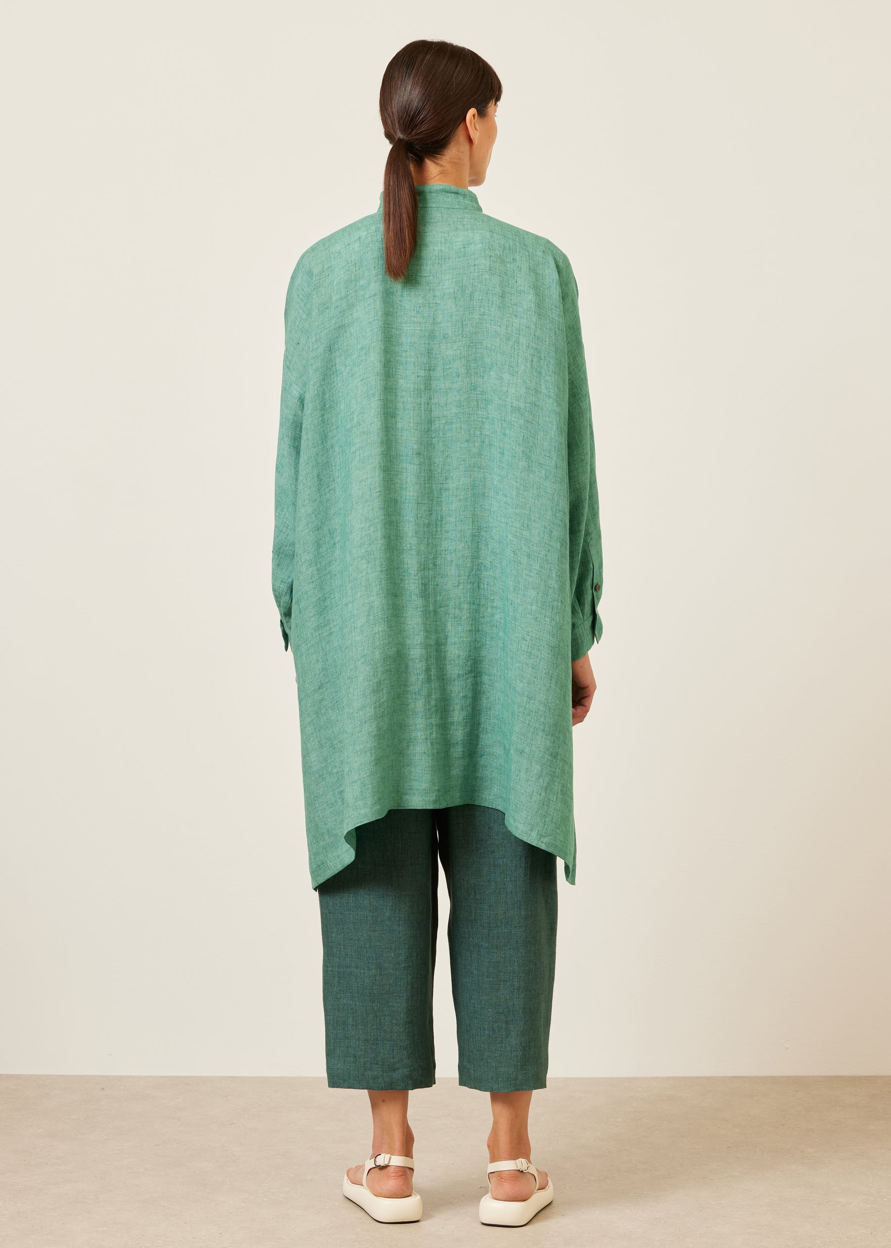 linen wide a-line collarless shirt - very long with slits