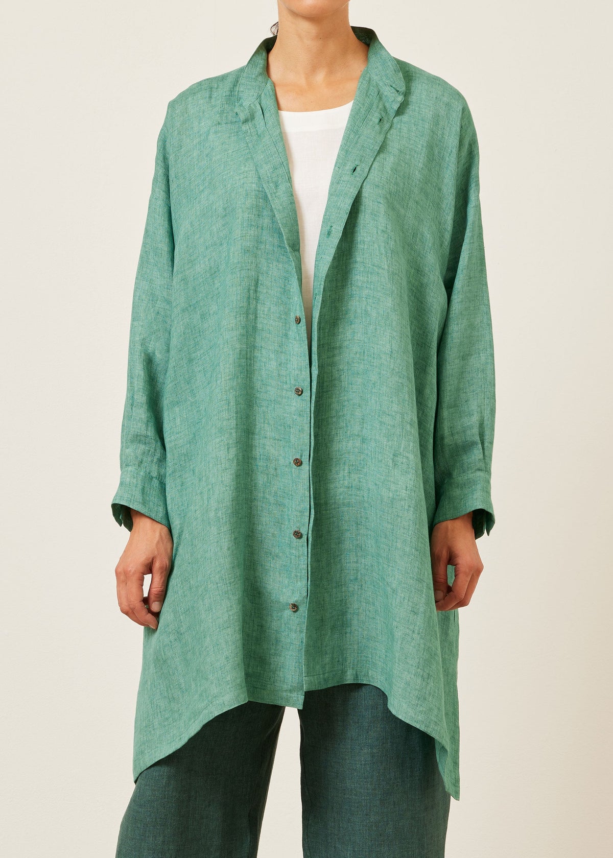 handkerchief linen wide a-line collarless shirt - very long with slits