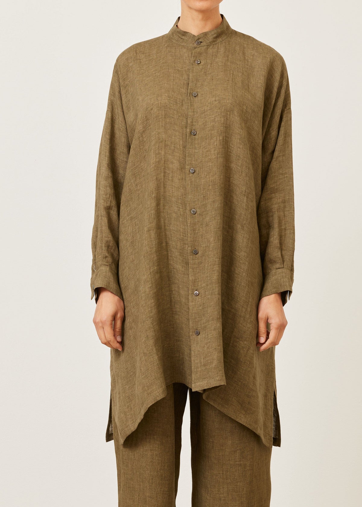 linen wide a-line collarless shirt - very long with slits