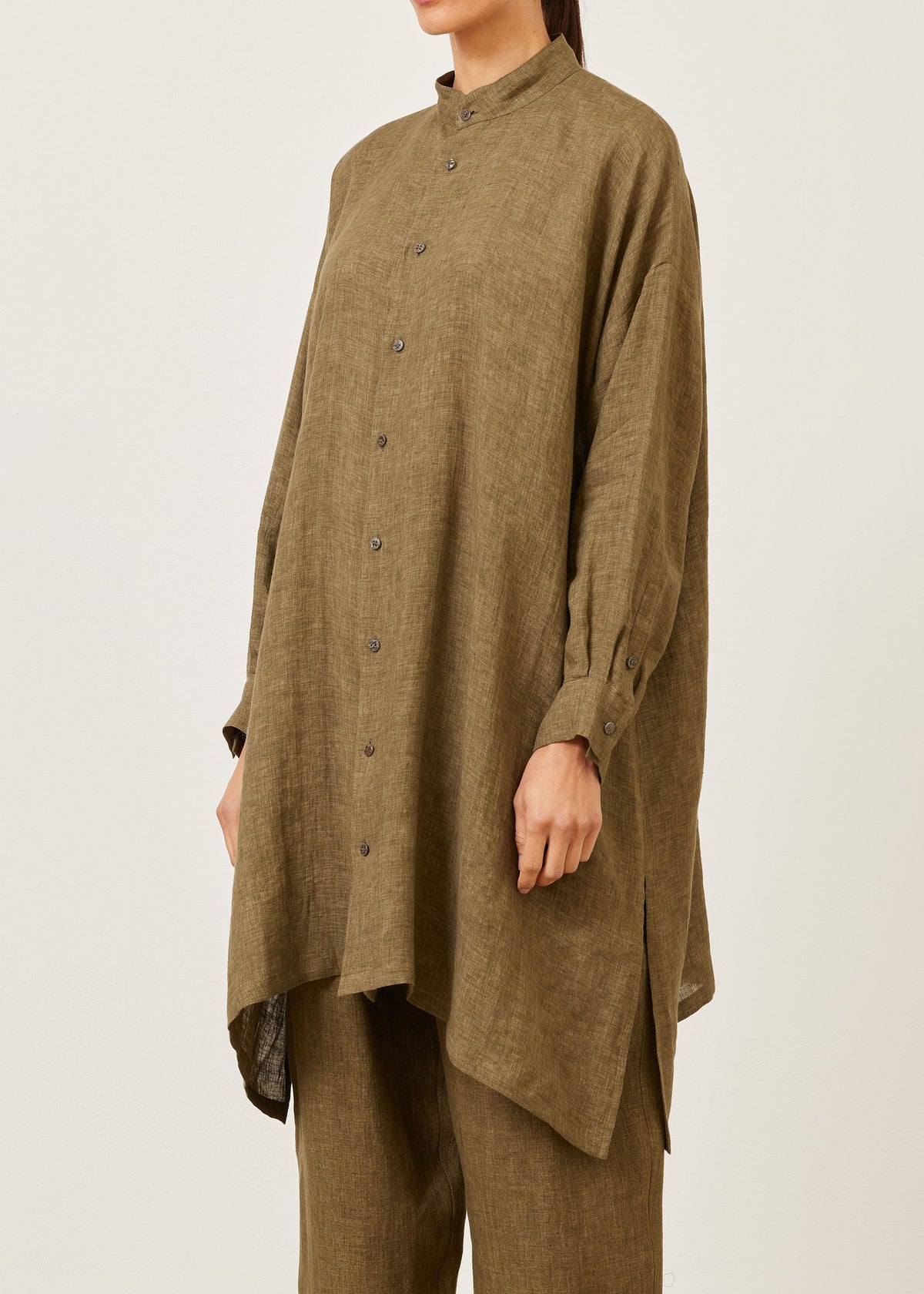 linen wide a-line collarless shirt - very long with slits