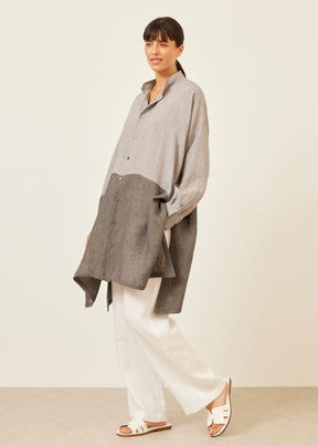 wide a-line collarless shirt with side slit detail - very long