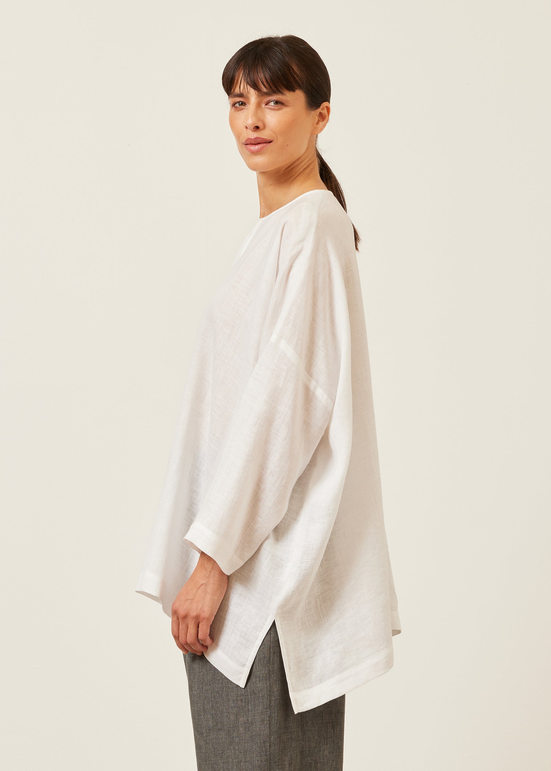 linen wide longer back bound neck shirt - long