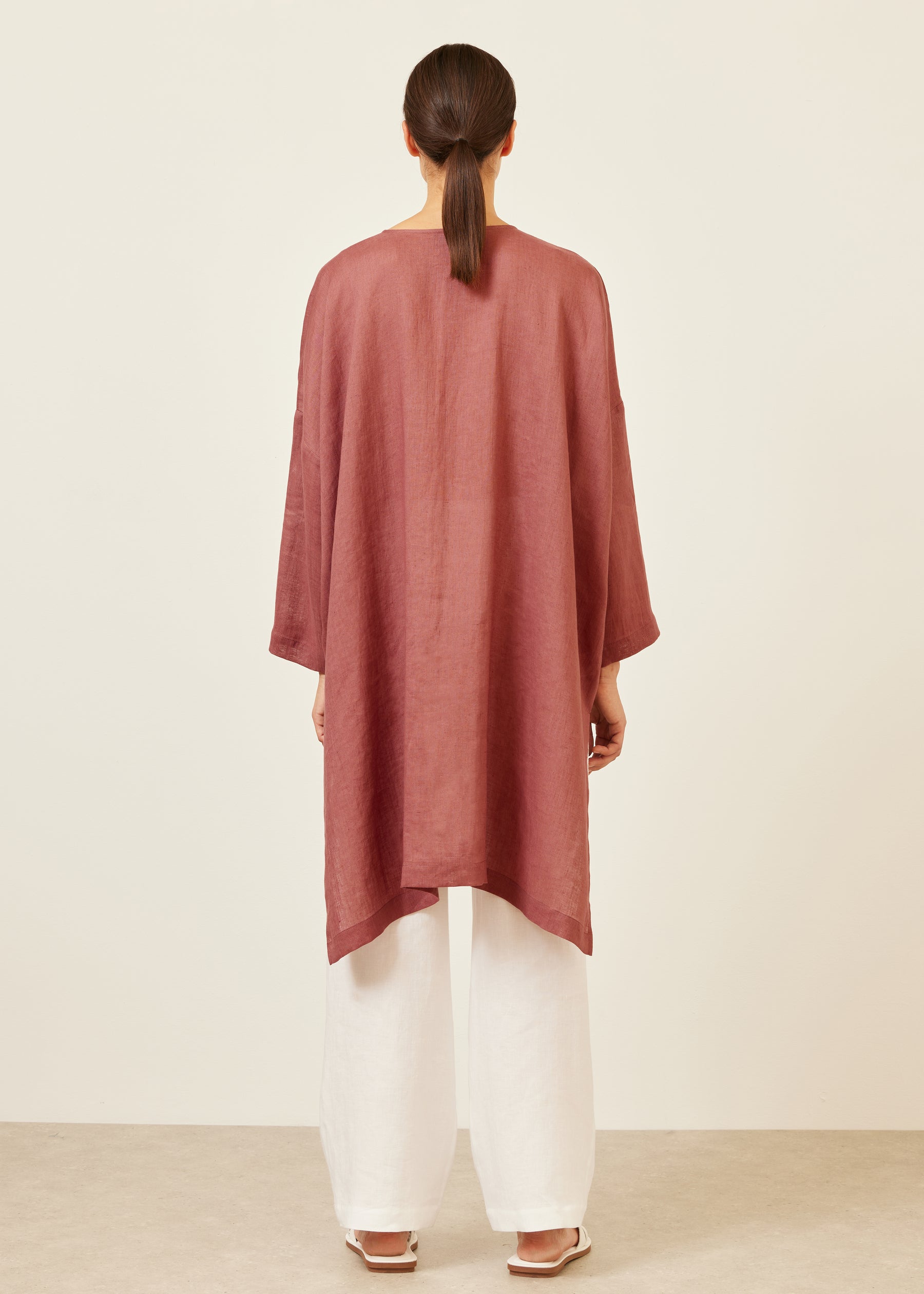 linen wide longer back bound neck shirt - very long with slits