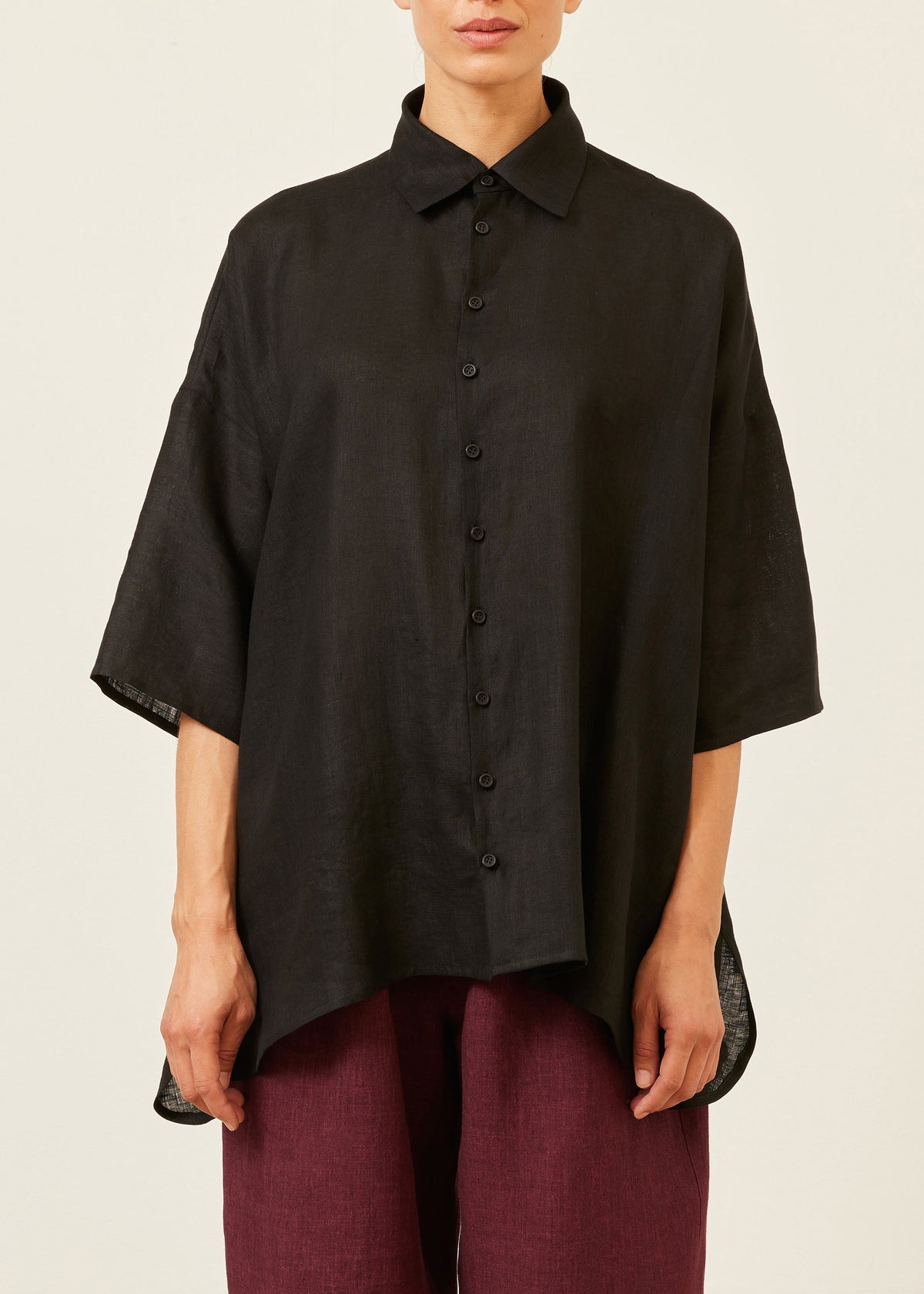 linen sloped shoulder wide a-line short sleeve shirt with collar - long