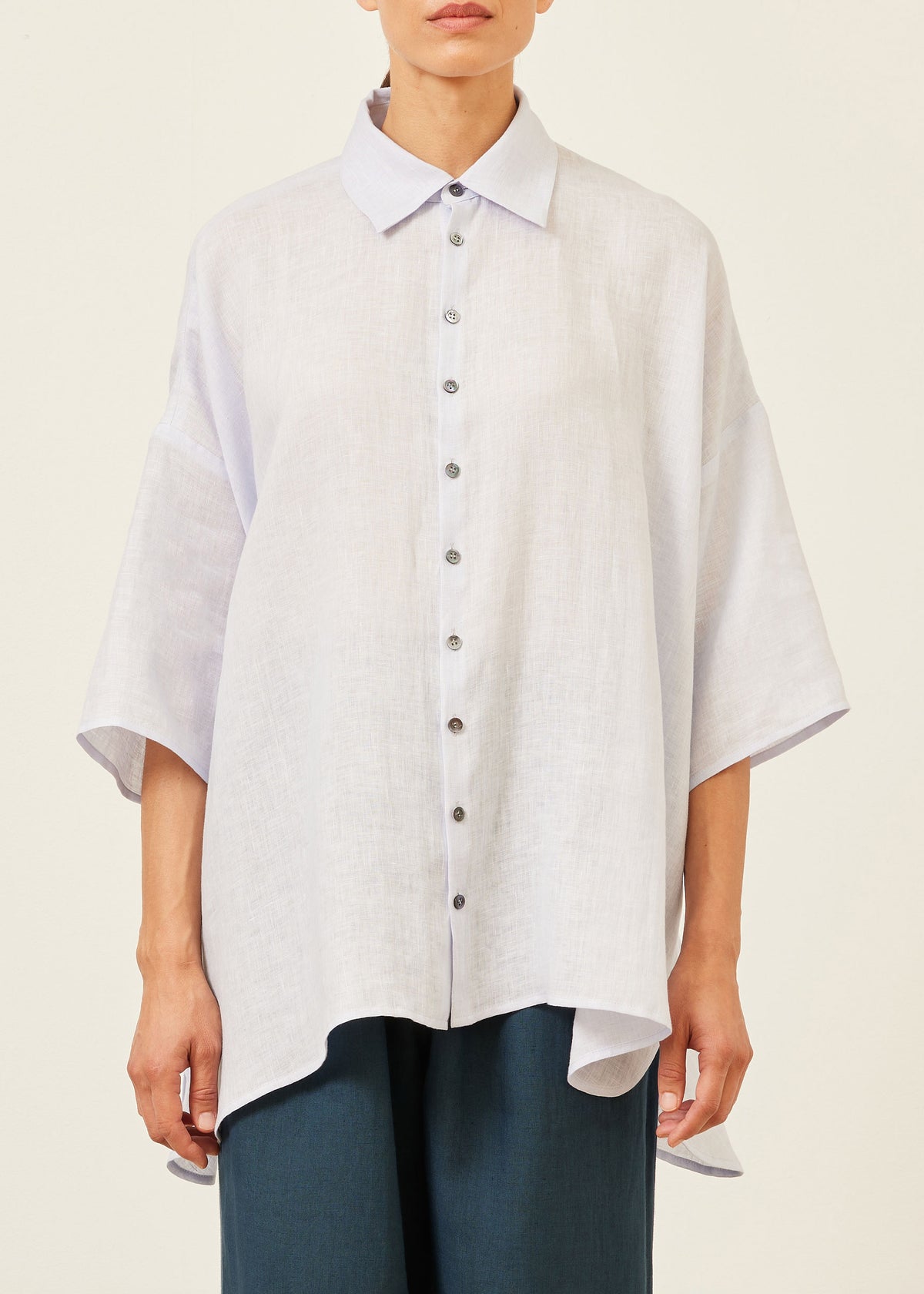 linen sloped shoulder wide a-line short sleeve shirt with collar - long