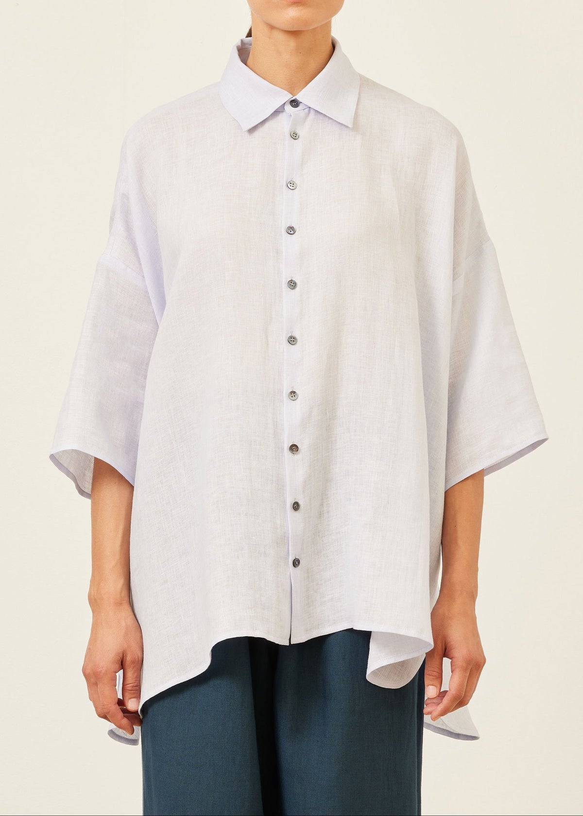 handkerchief linen sloped shoulder wide a-line short sleeve shirt with collar - long