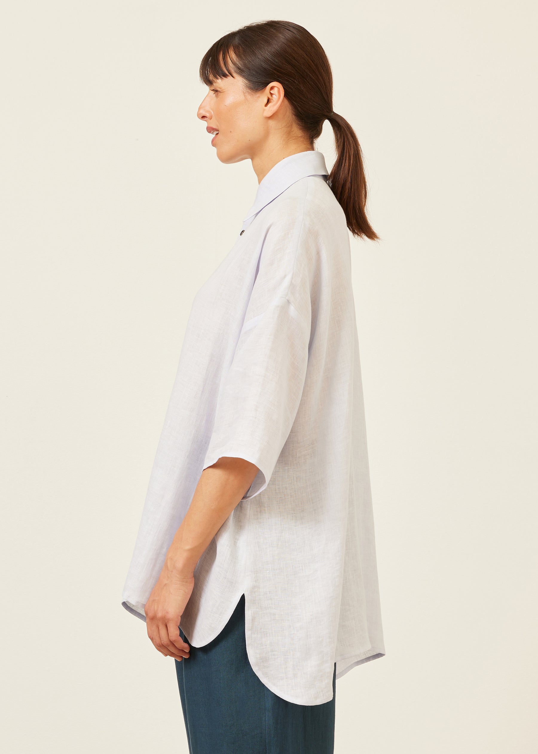 sloped shoulder wide a-line short sleeve shirt with collar - long