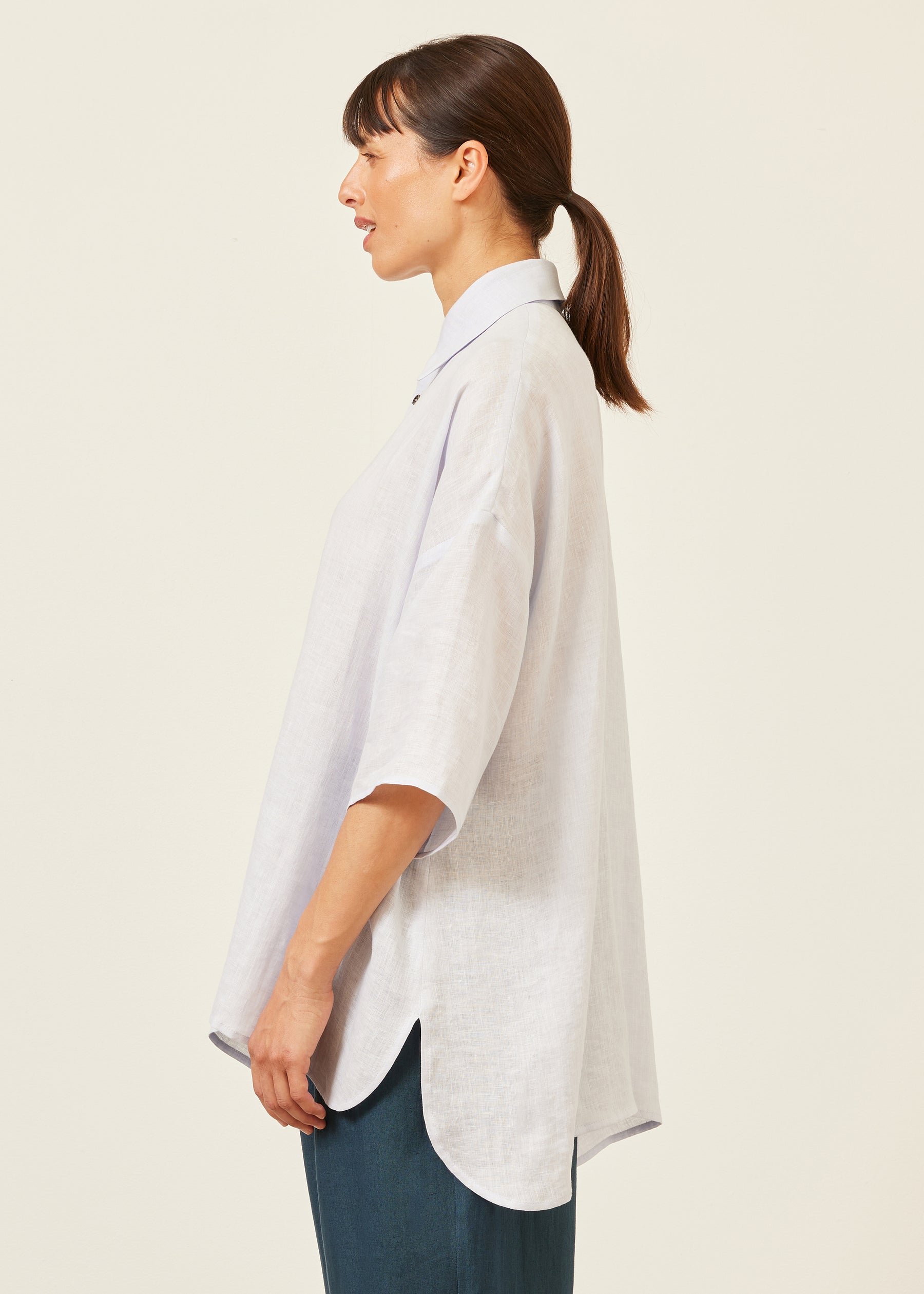 linen sloped shoulder wide a-line short sleeve shirt with collar - long