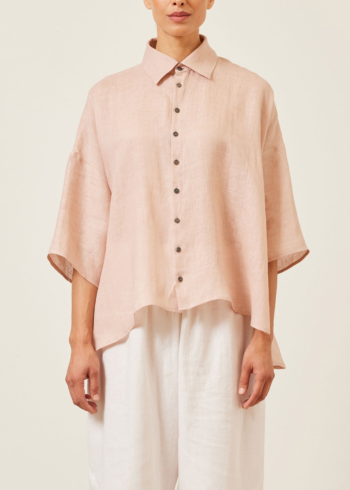 linen sloped shoulder wide a-line short sleeve shirt with collar - mid