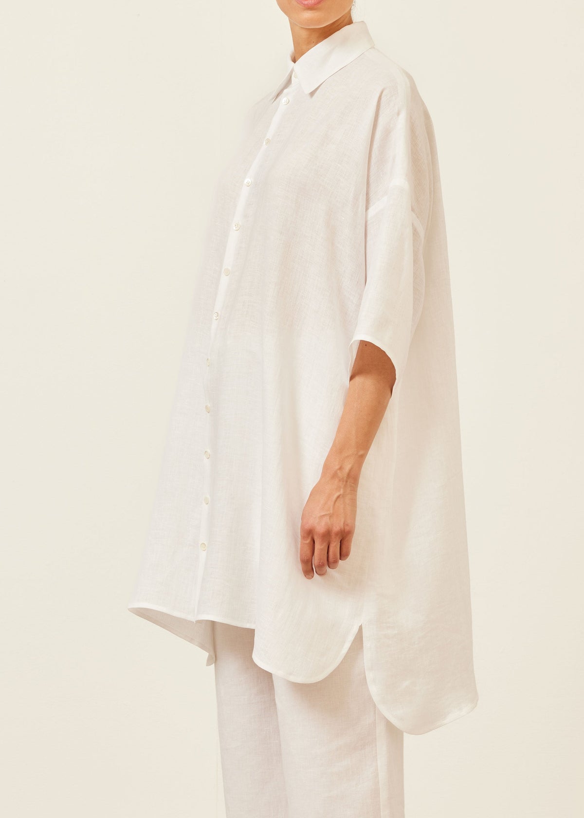 linen sloped shoulder wide a-line short sleeve shirt with collar - very long