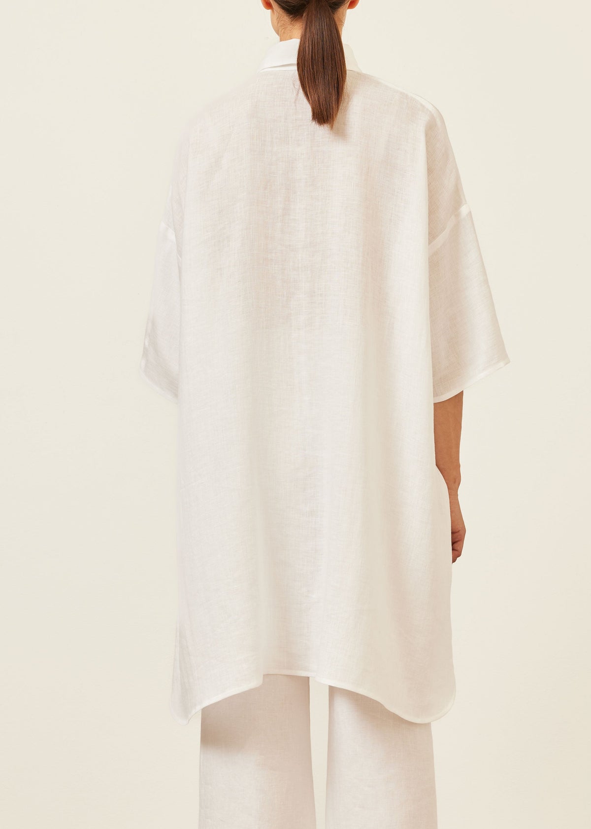 linen sloped shoulder wide a-line short sleeve shirt with collar - very long