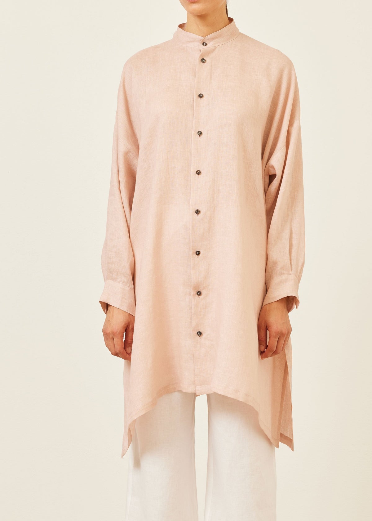 handkerchief linen wide a-line collarless shirt - very long with slits