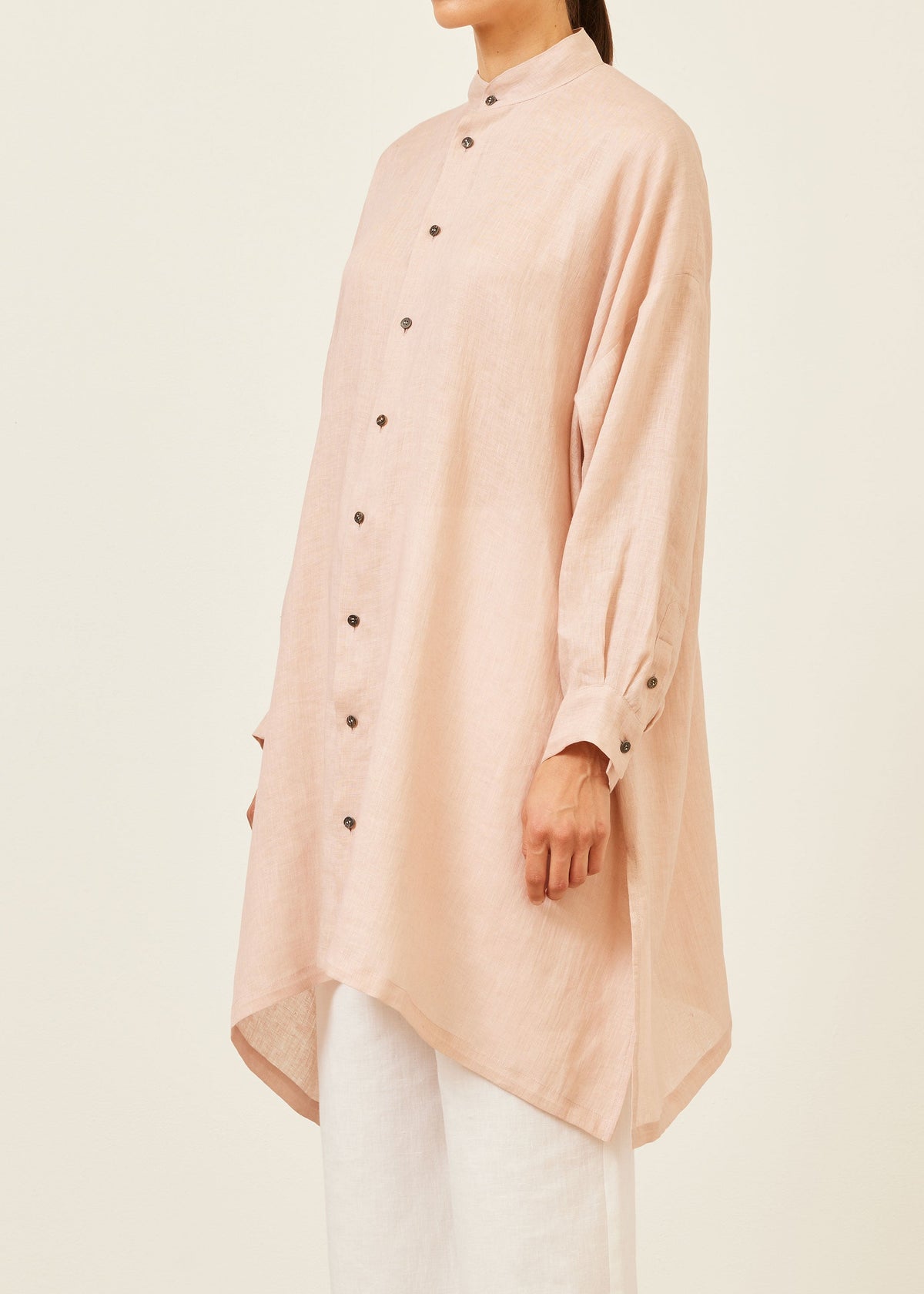 handkerchief linen wide a-line collarless shirt - very long with slits