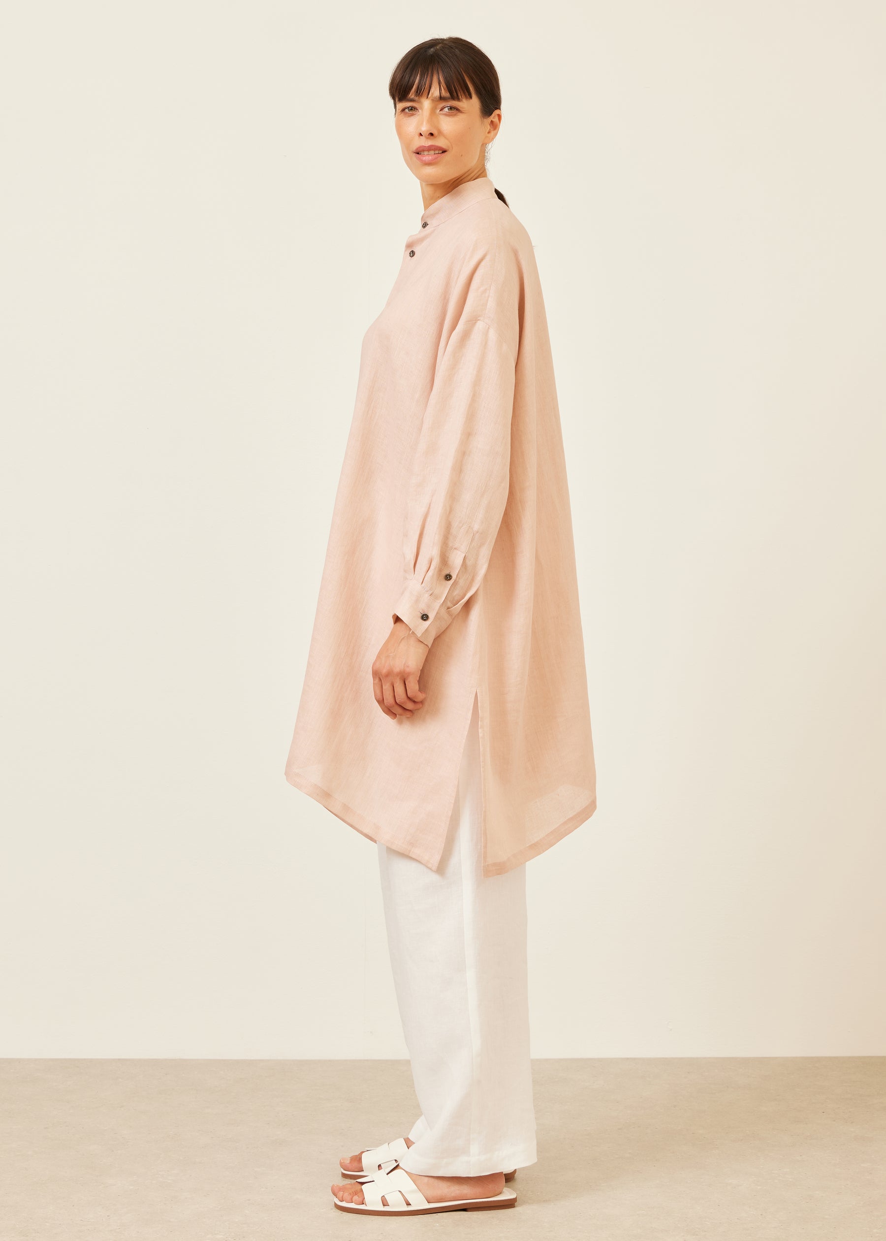 linen wide a-line collarless shirt - very long with slits