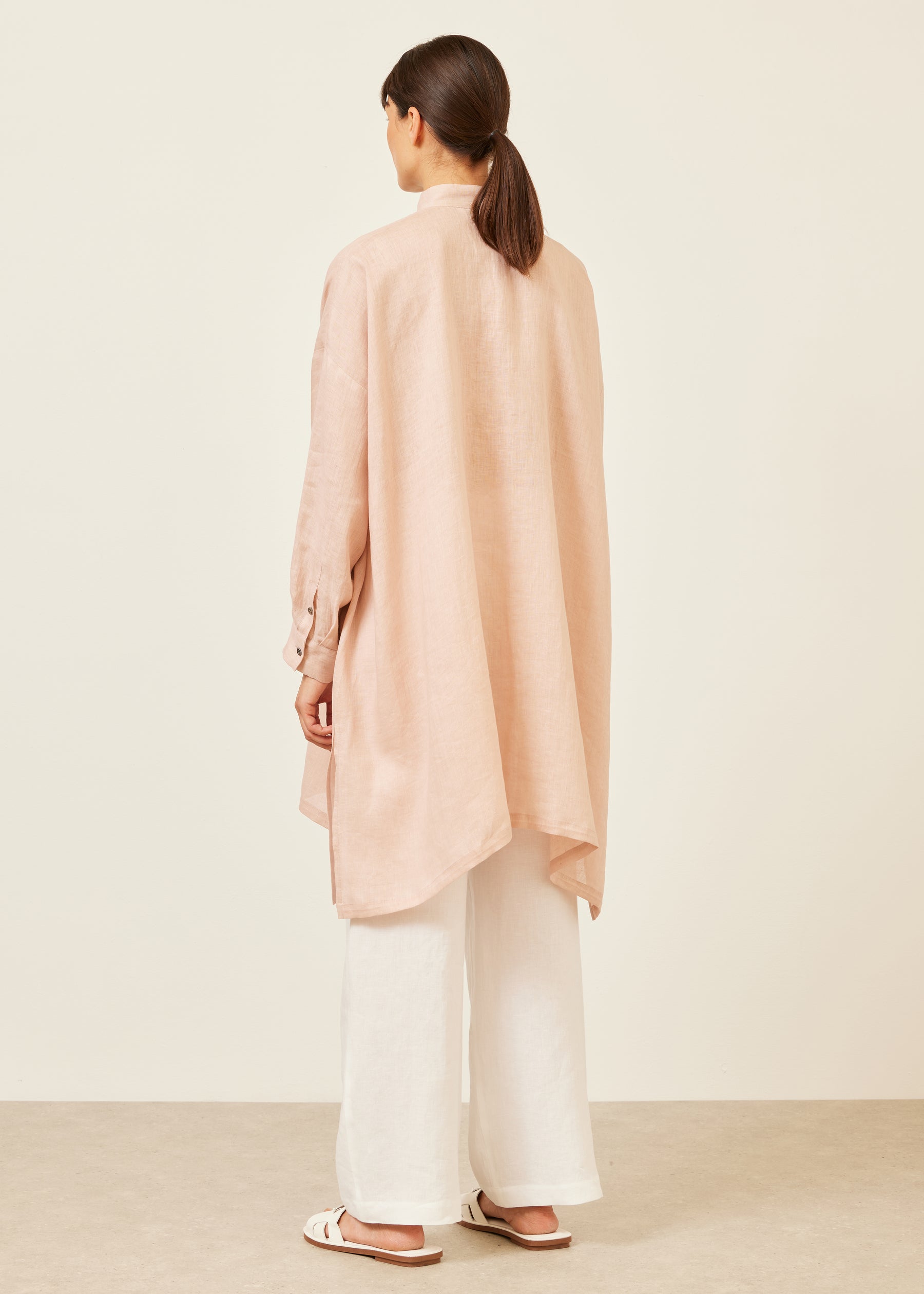 linen wide a-line collarless shirt - very long with slits