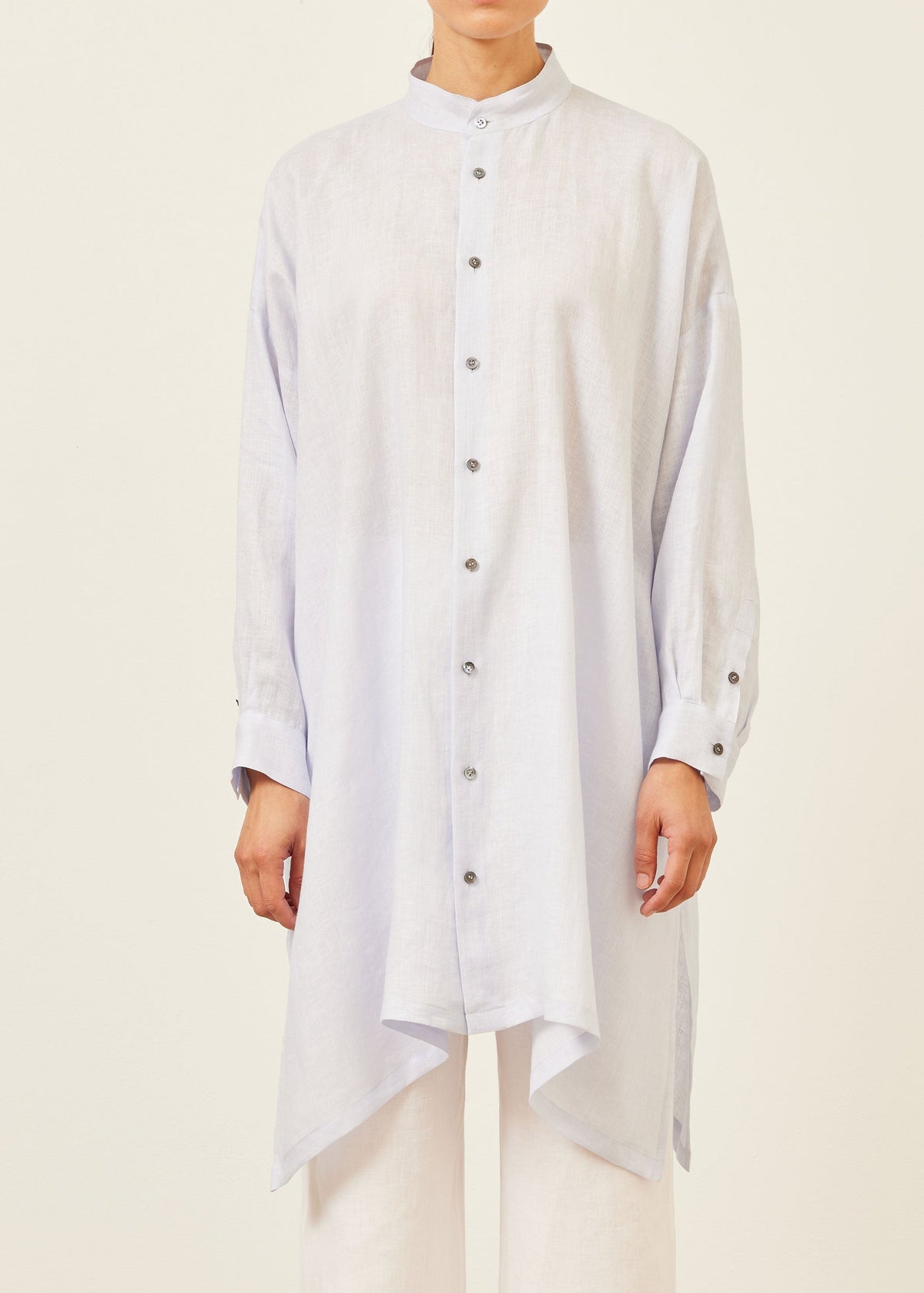 handkerchief linen wide a-line collarless shirt - very long with slits