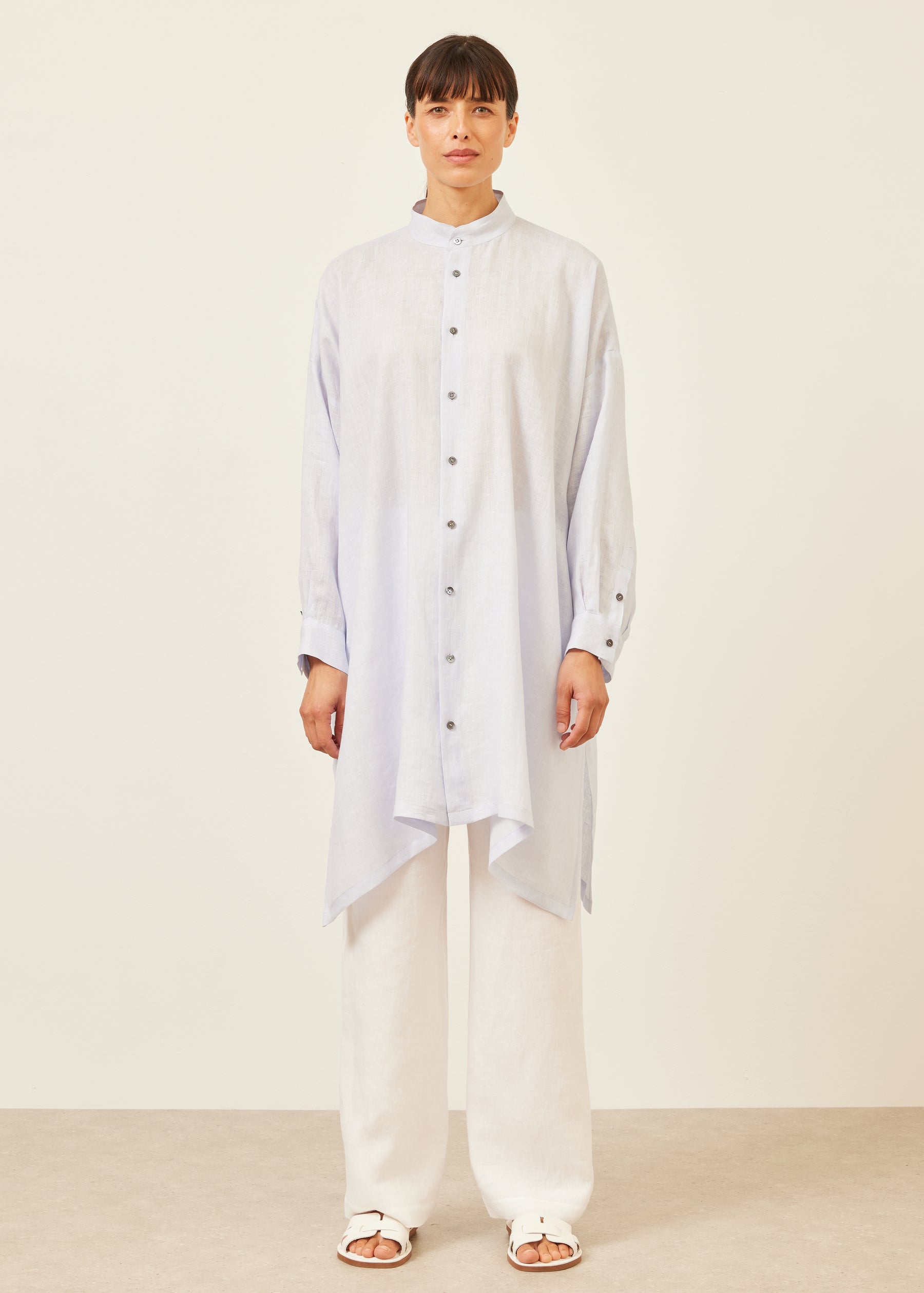 wide a-line collarless shirt - very long with slits