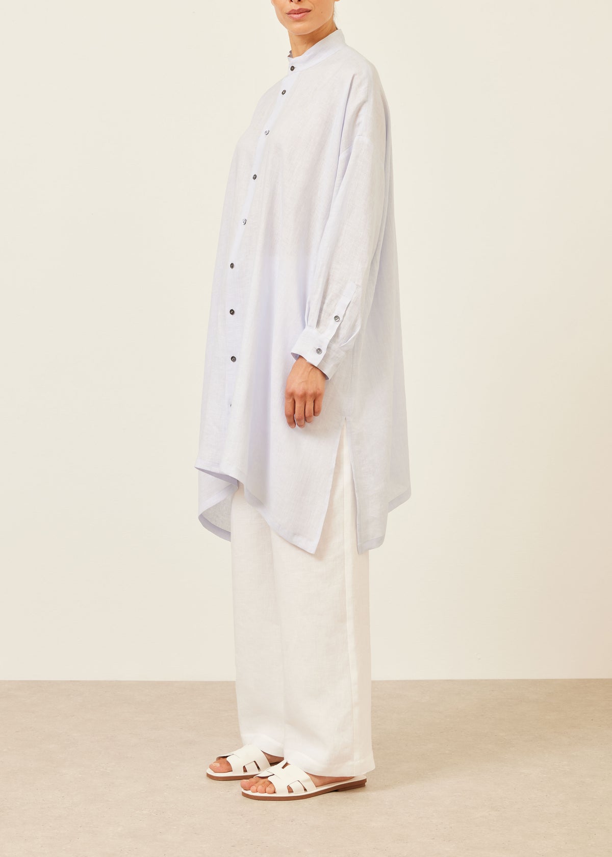 linen wide a-line collarless shirt - very long with slits
