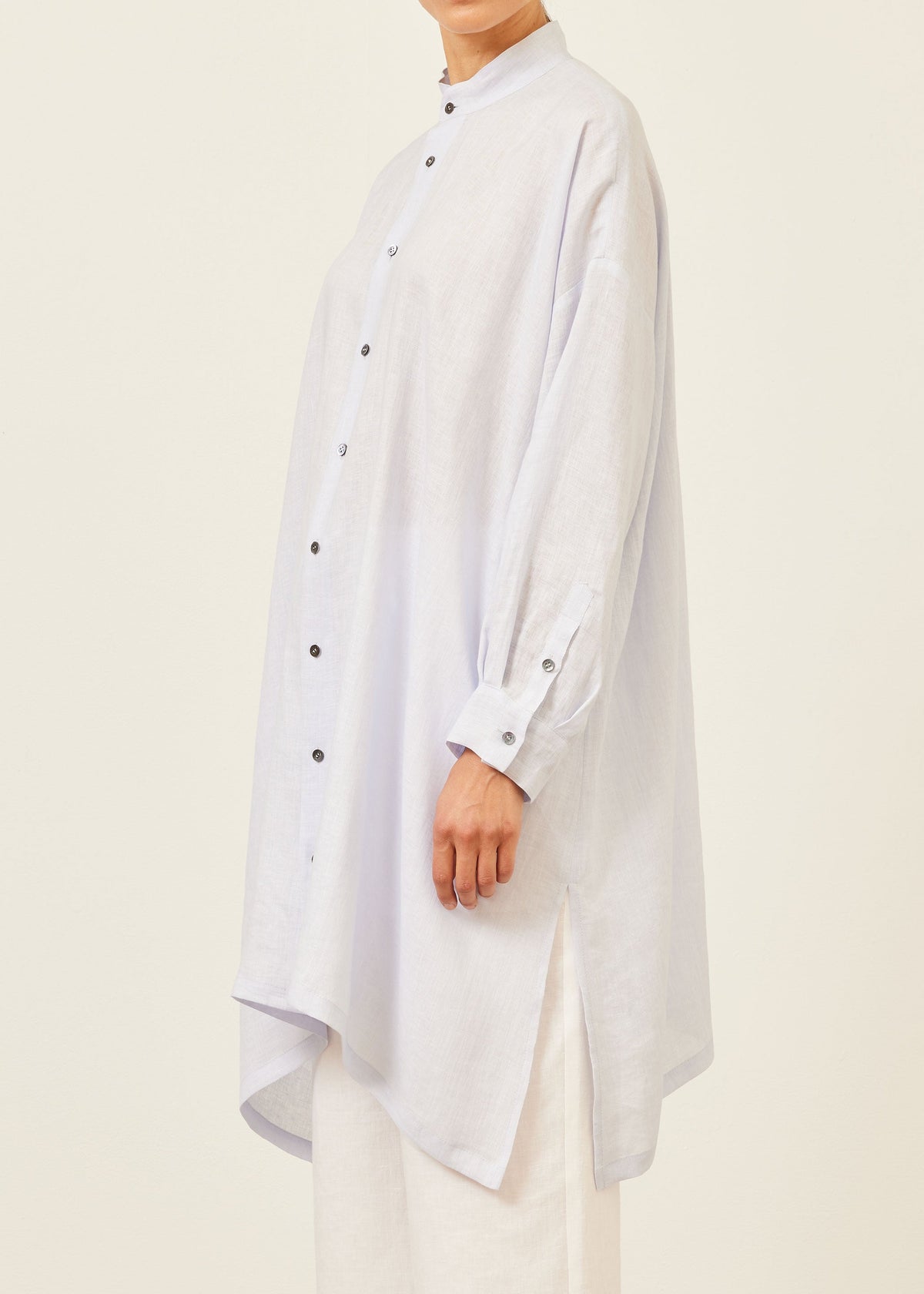 handkerchief linen wide a-line collarless shirt - very long with slits