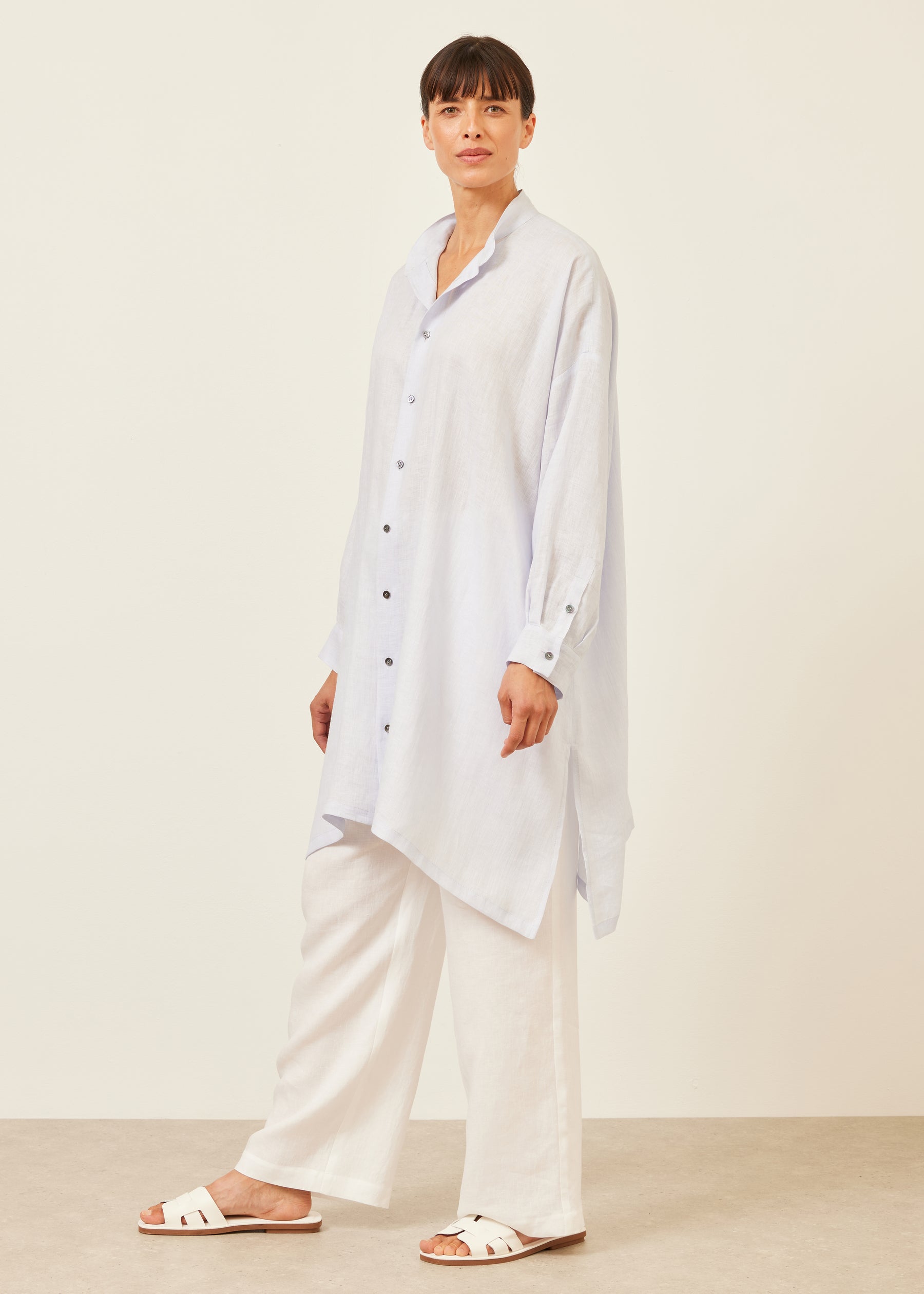 linen wide a-line collarless shirt - very long with slits