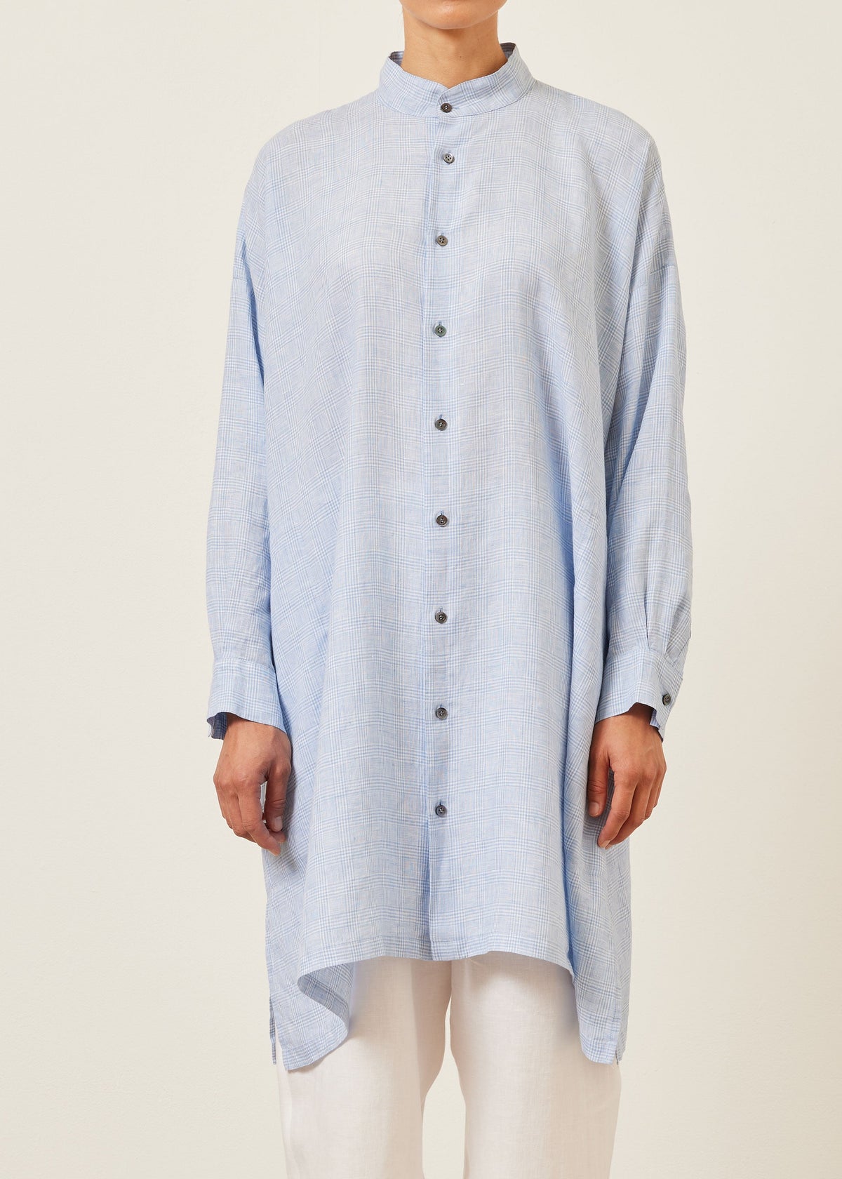 handkerchief linen mix wide a-line collarless shirt - very long with slits