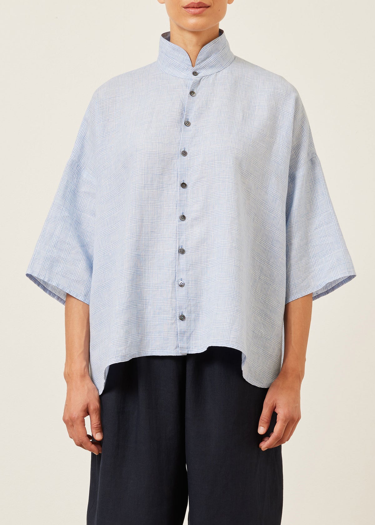 linen mix sloped shoulder wide a-line short sleeve double stand collar shirt - mid