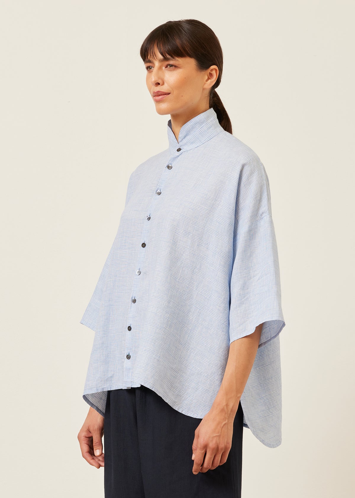sloped shoulder wide a-line short sleeve double stand collar shirt - mid