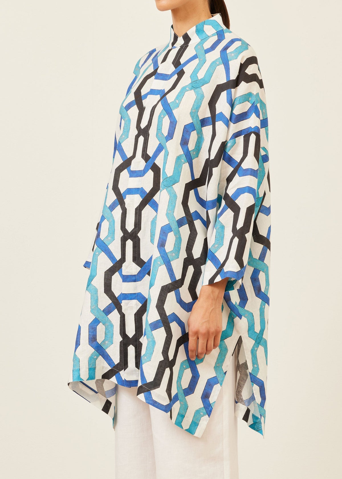 handkerchief linen wide collarless shirt - very long with slits