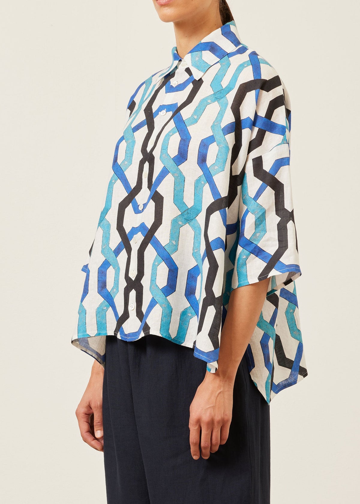 linen sloped shoulder wide a-line short sleeve shirt with collar - mid