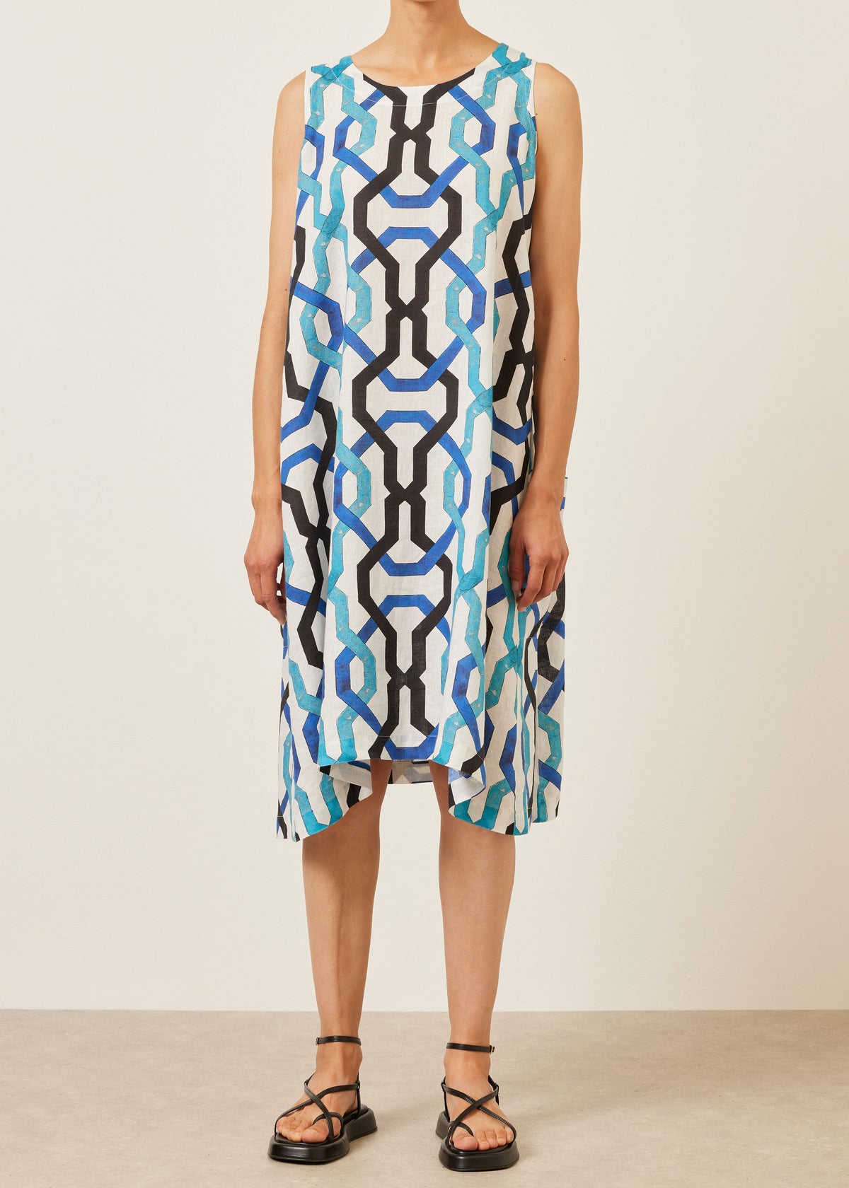 handkerchief linen 3/4 length side pleated sleeveless dress