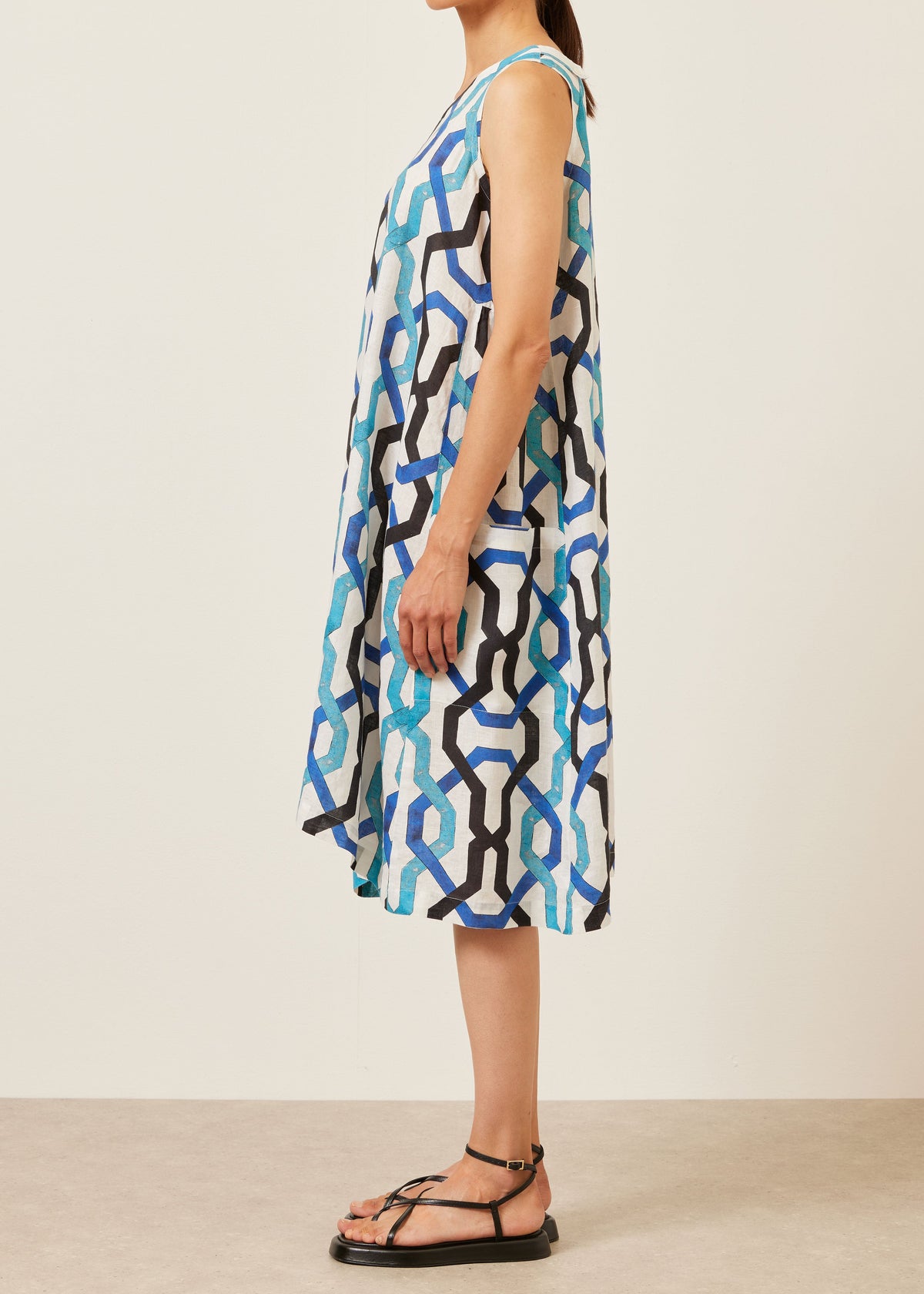 handkerchief linen 3/4 length side pleated sleeveless dress