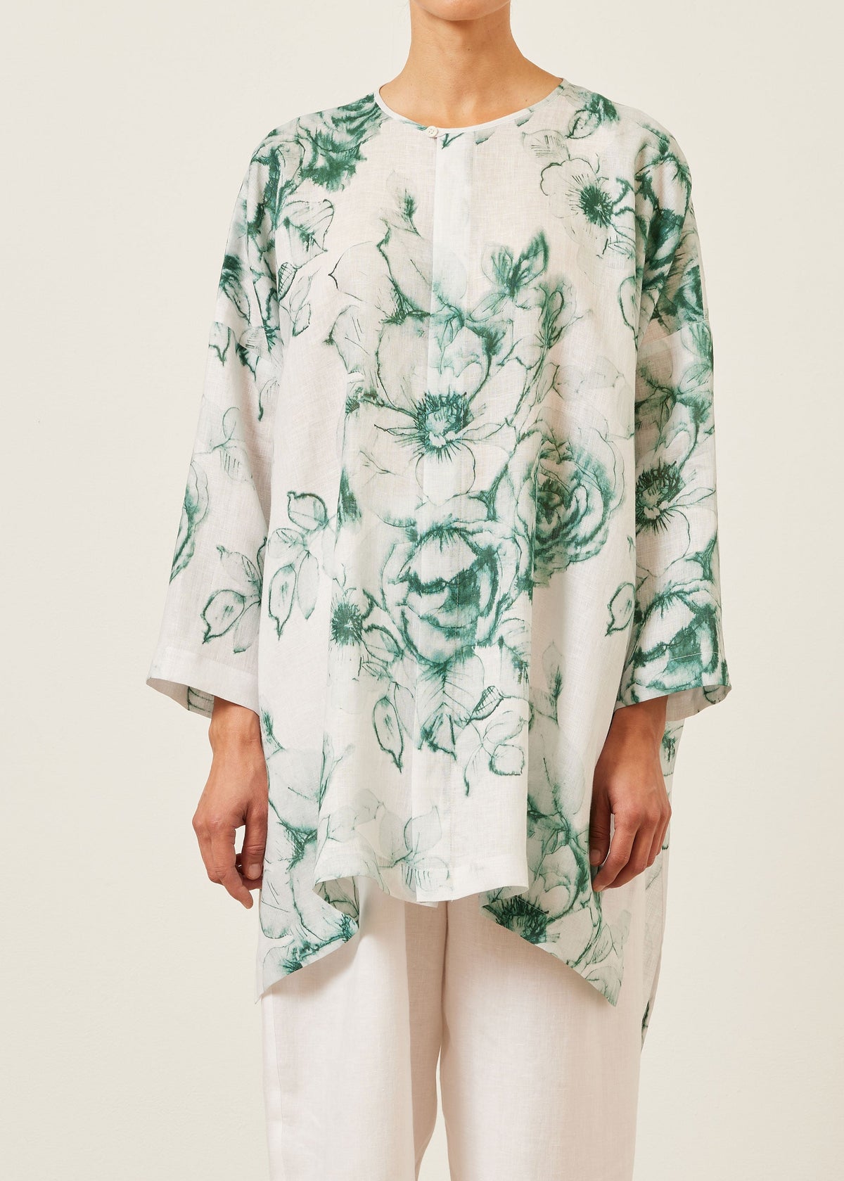 handkerchief linen wide longer back bound neck shirt - very long with slits