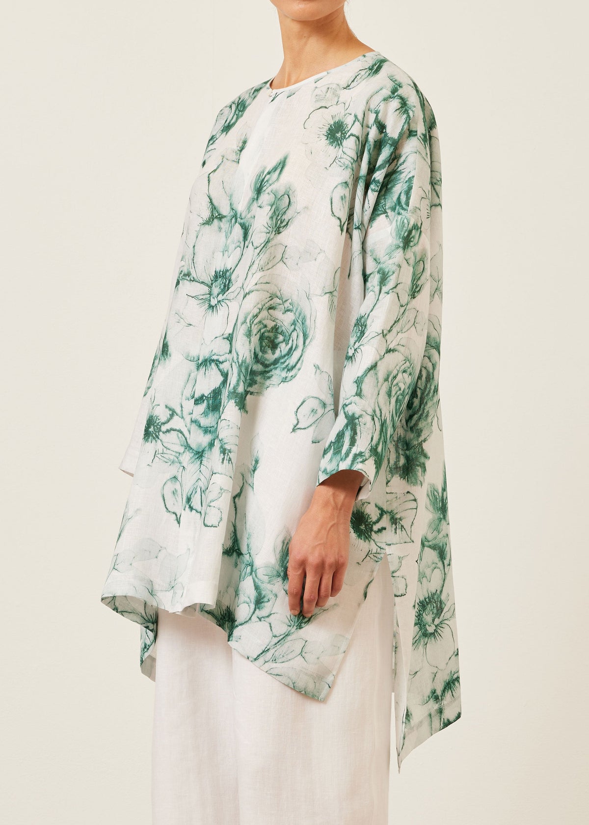 handkerchief linen wide longer back bound neck shirt - very long with slits