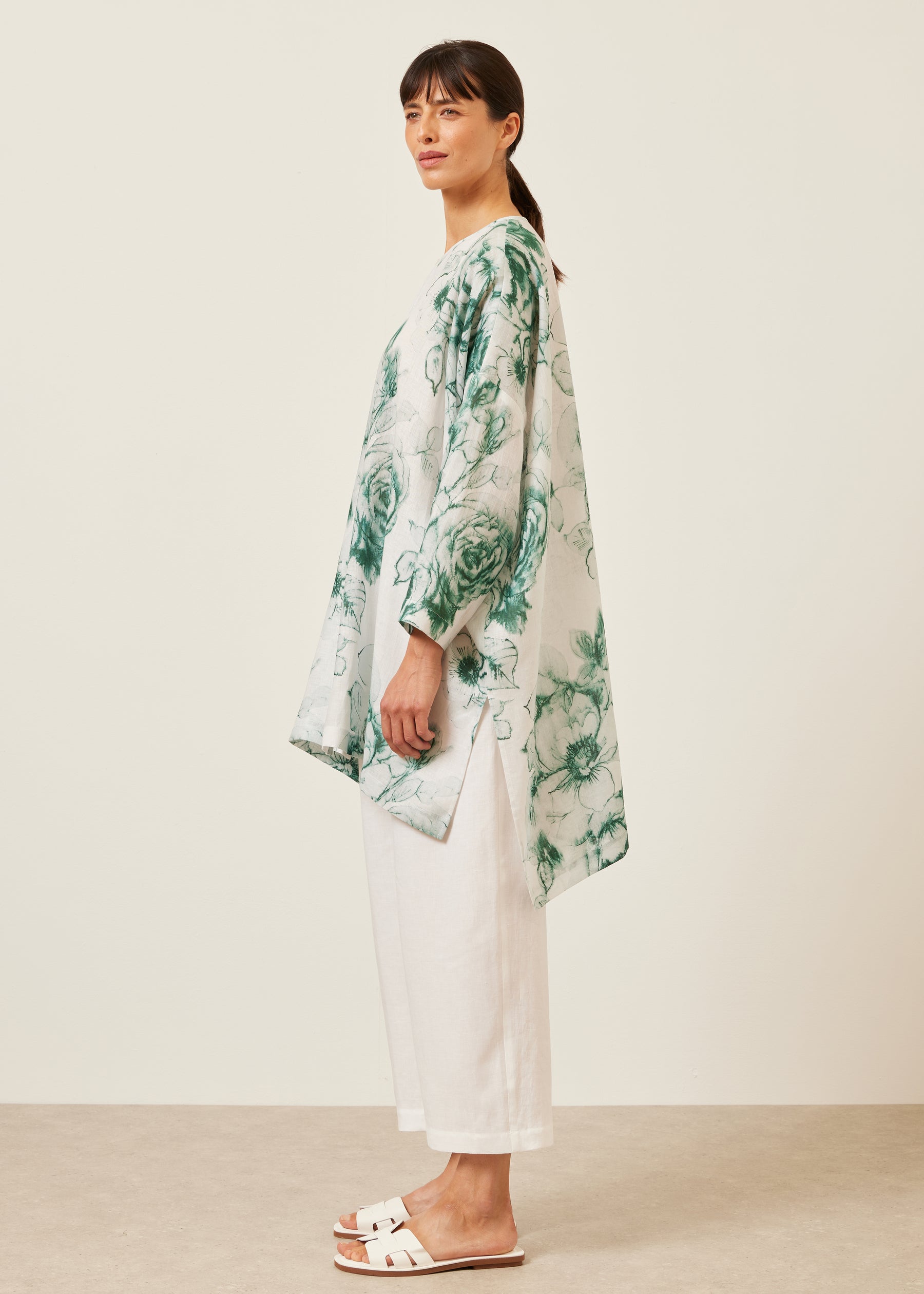 linen wide longer back bound neck shirt - very long with slits