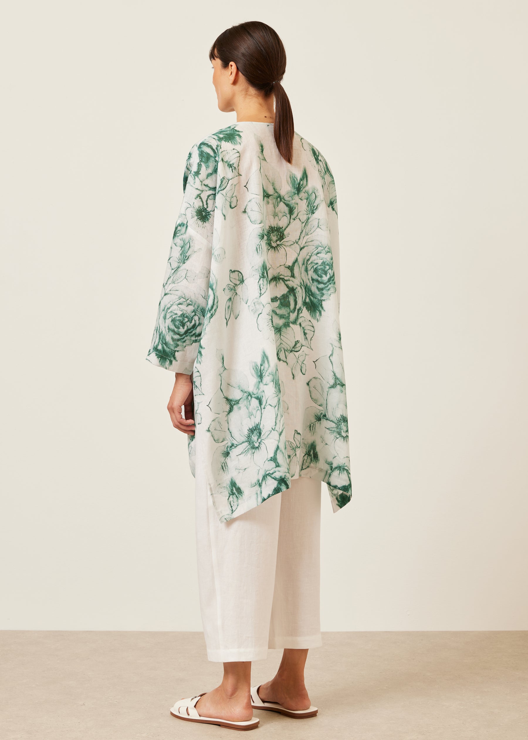 linen wide longer back bound neck shirt - very long with slits