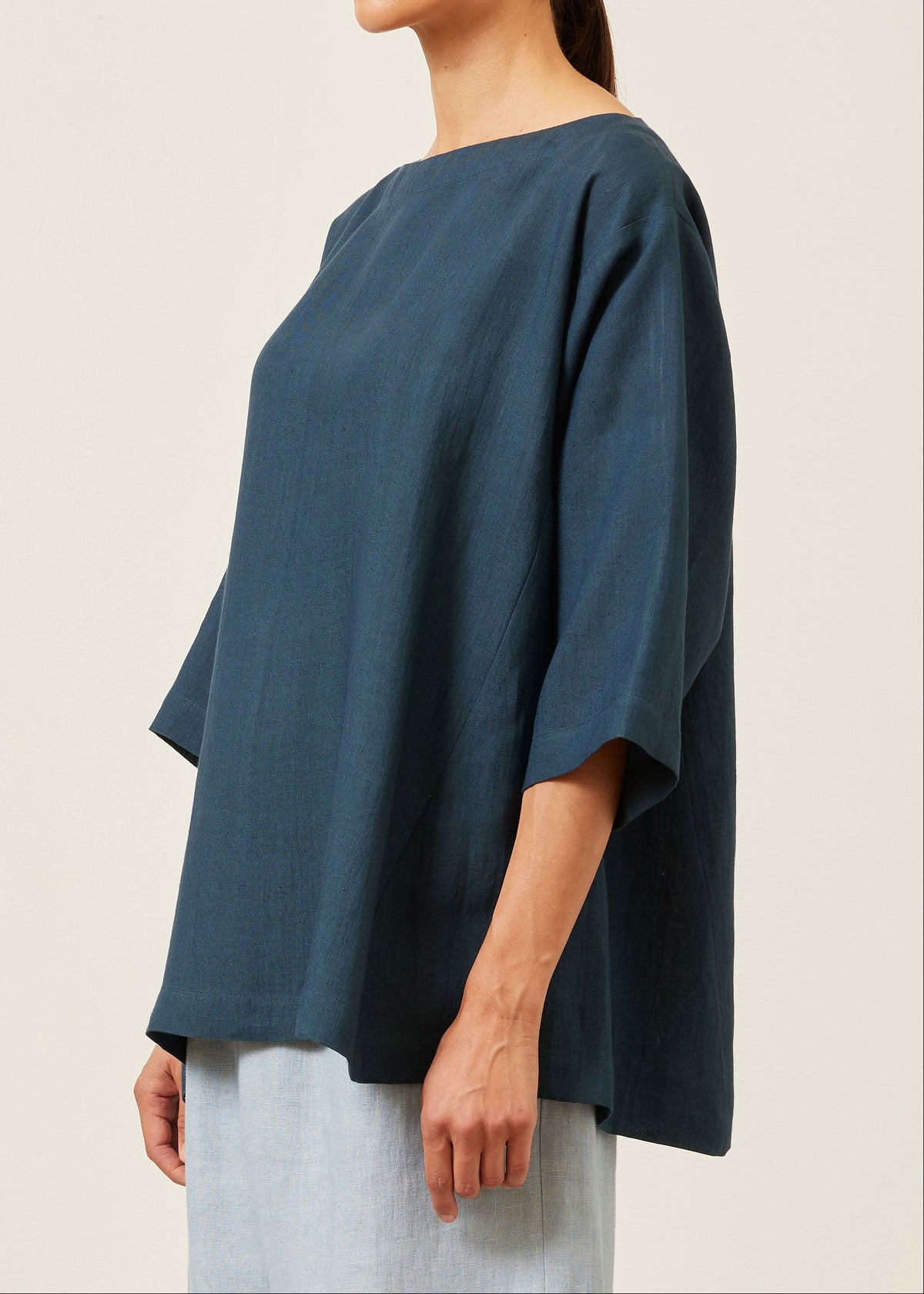 linen side panelled 3/4 sleeve scoop neck tunic - long (marineblue)