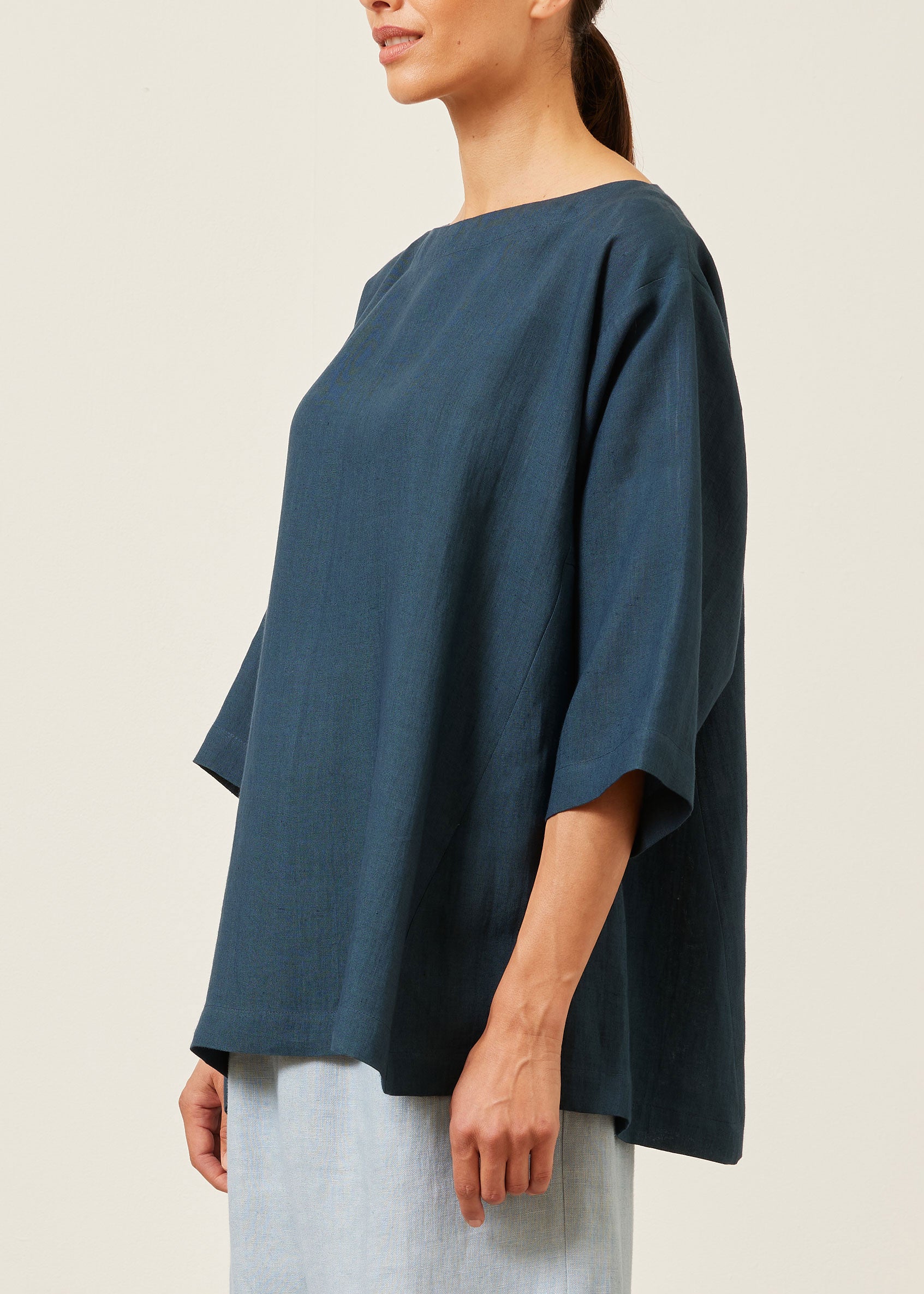 linen side panelled 3/4 sleeve scoop neck tunic - long
