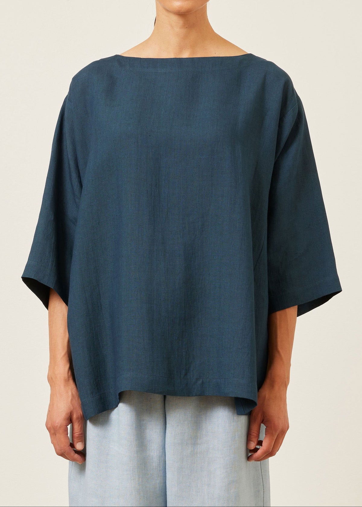 linen side panelled 3/4 sleeve scoop neck tunic - long (marineblue)
