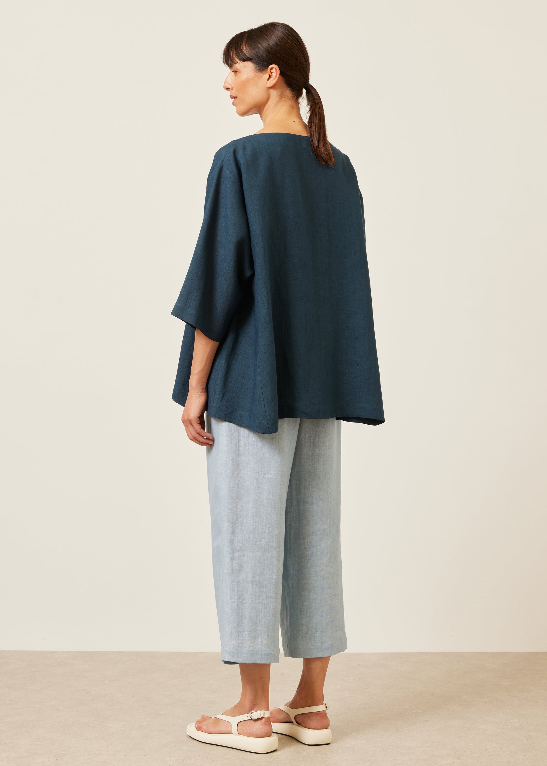 linen side panelled 3/4 sleeve scoop neck tunic - long
