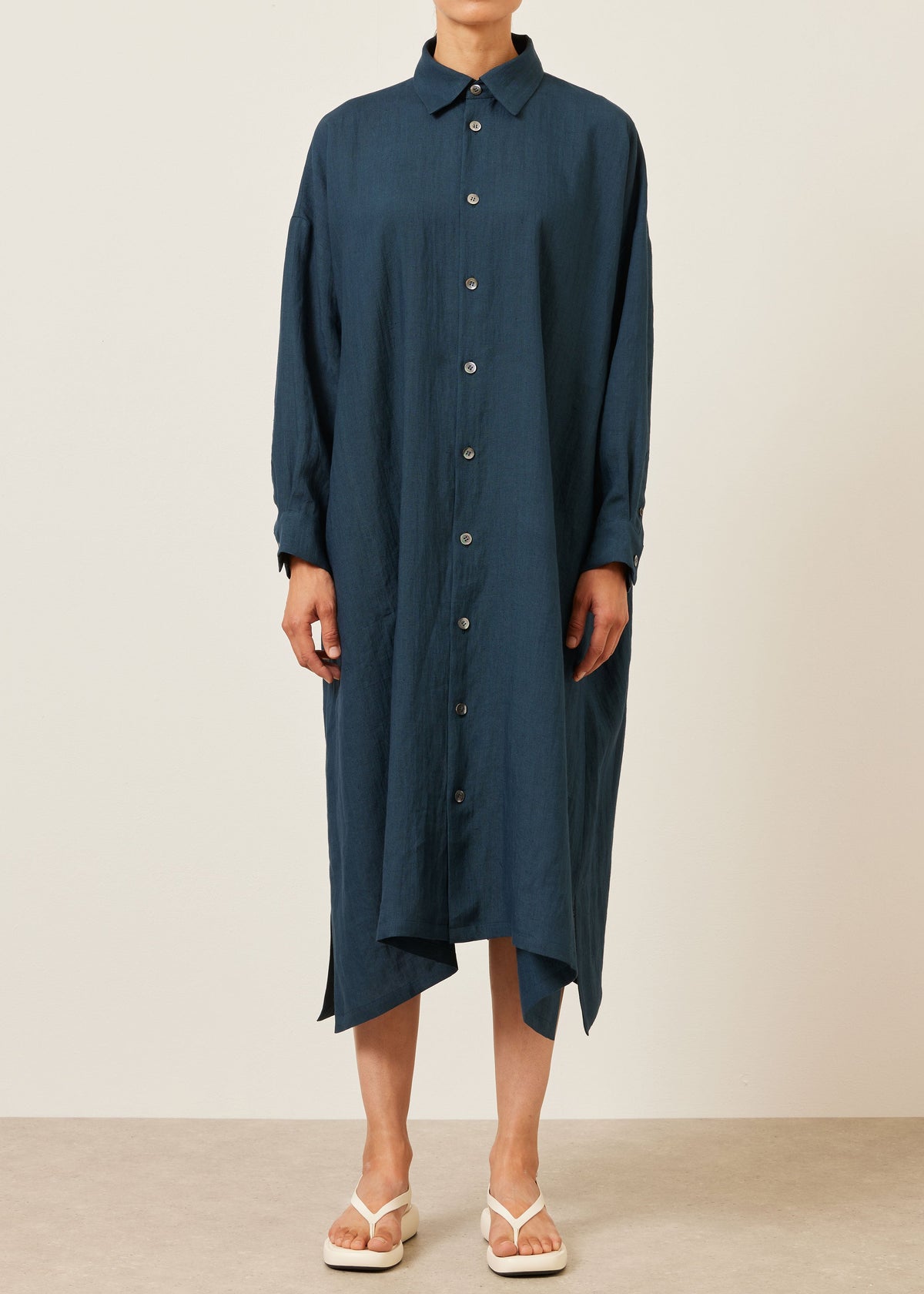 linen wide a-line shirt dress with collar (marineblue)
