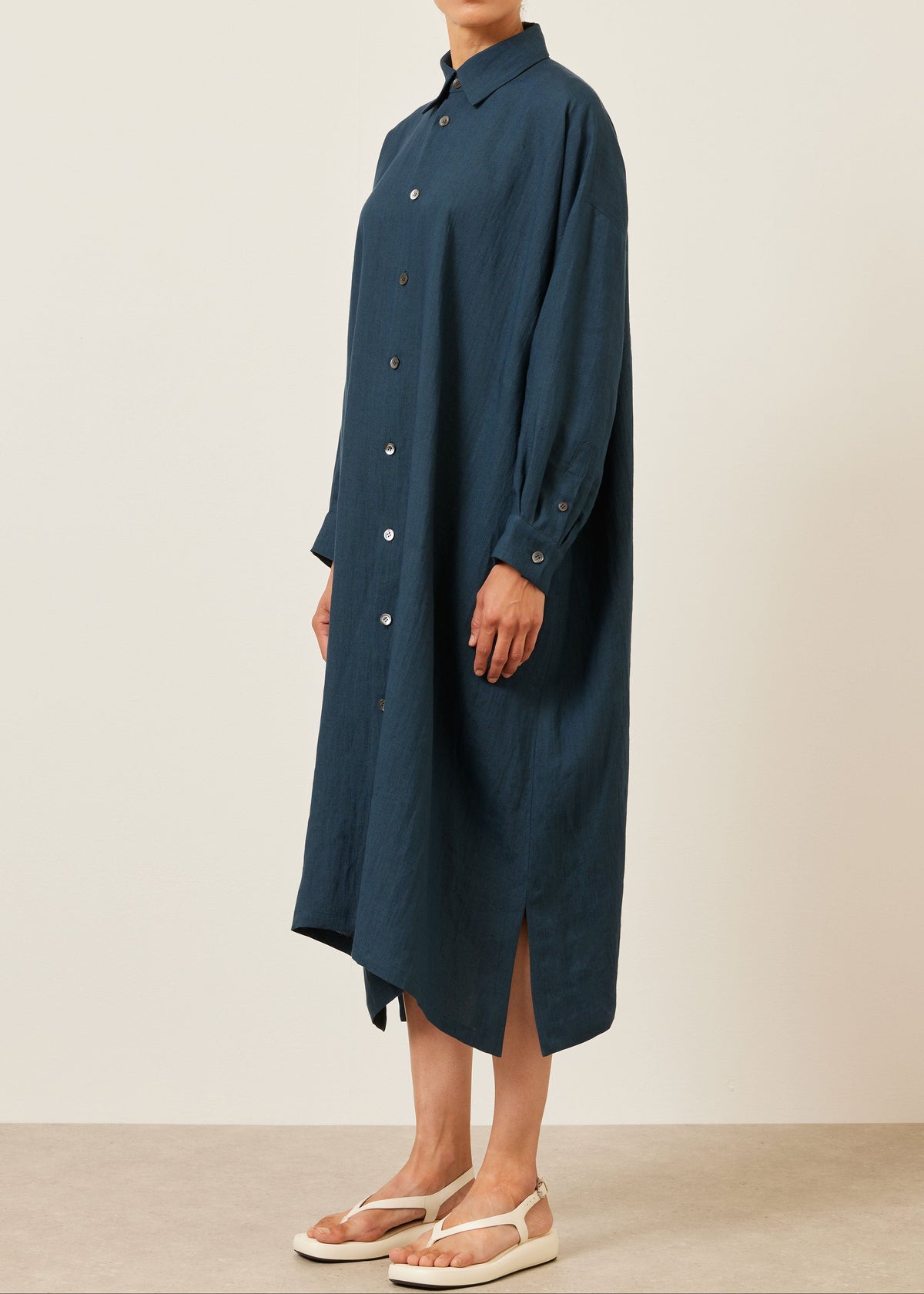 linen wide a-line shirt dress with collar (marineblue)